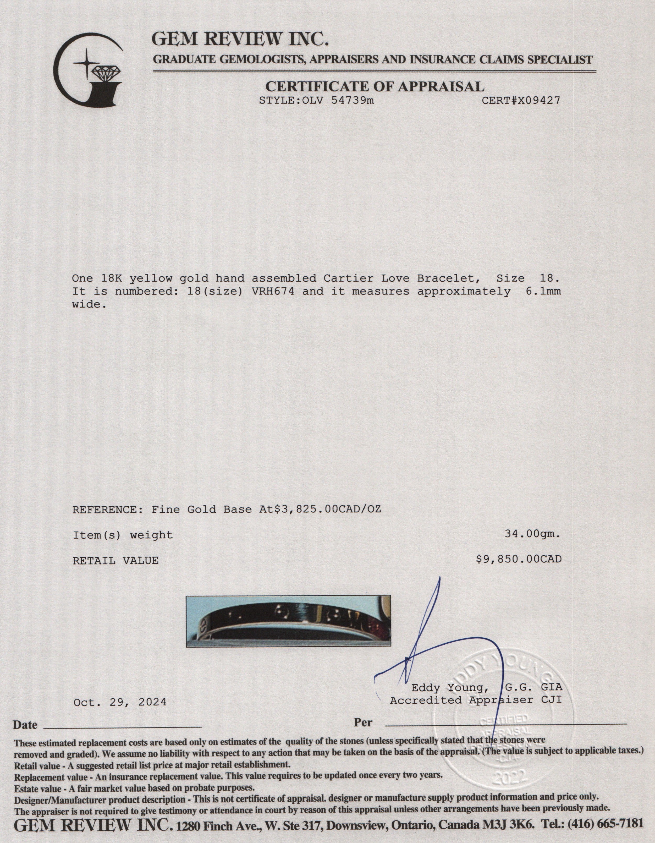 Cartier 2023 18k Yellow Gold Love Bracelet, Size 18 w/ Box, Certificate & Receipt