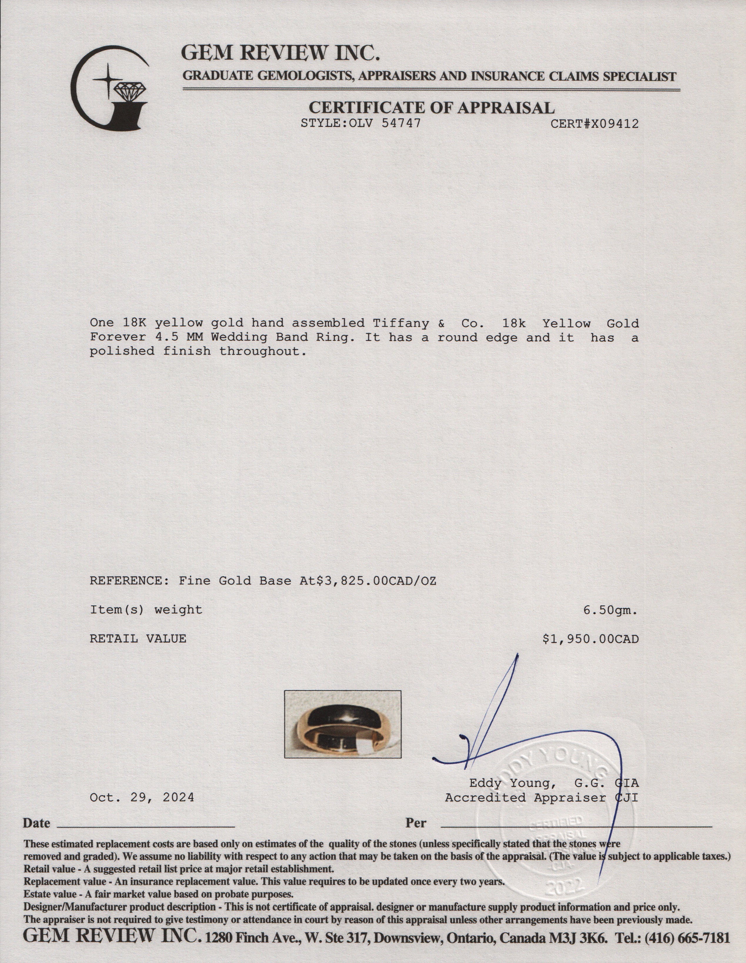 Tiffany & Co. 18k Yellow Gold Forever 4.5 MM Wedding Band Ring, Size 8.5