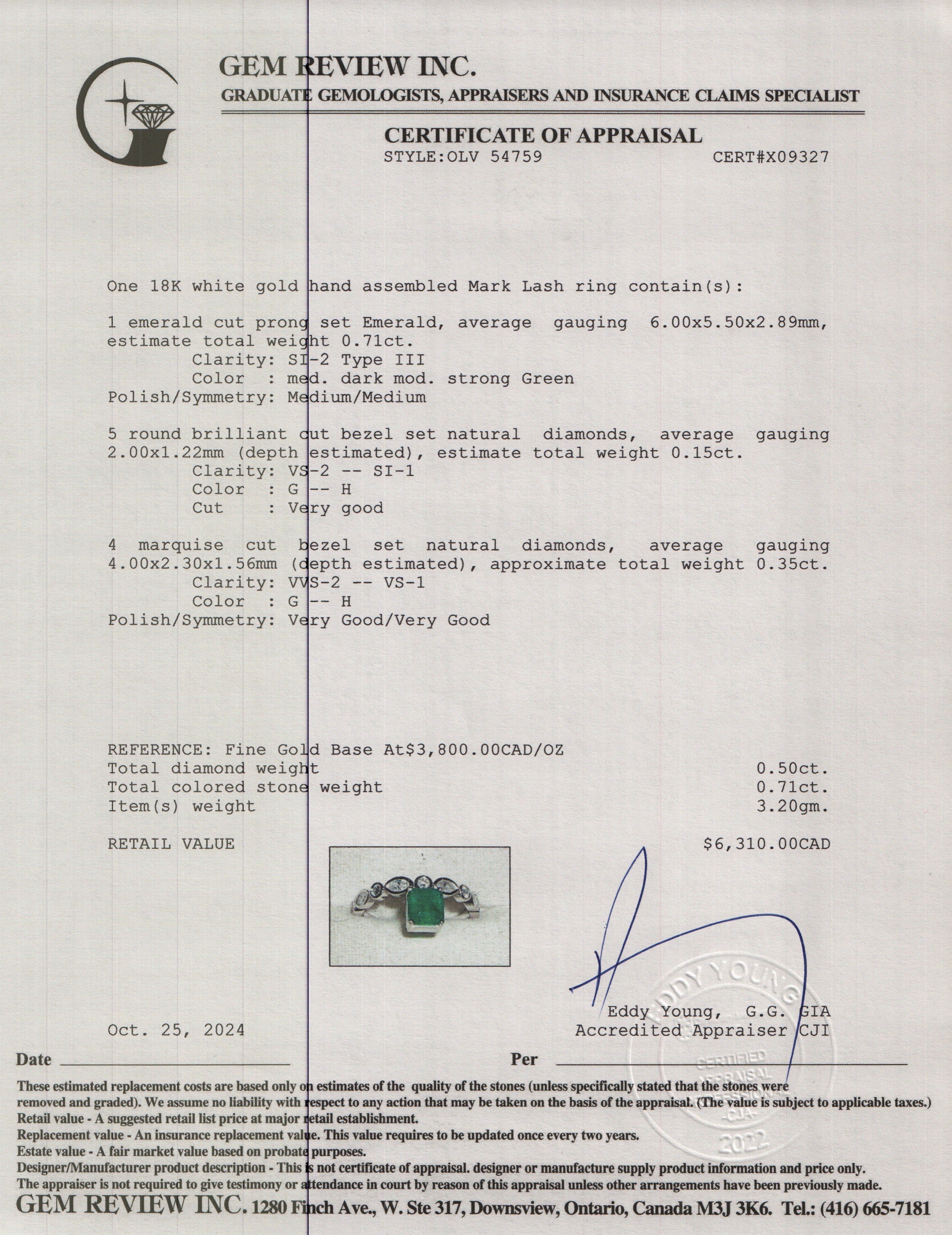 Mark Lash 18k White Gold Emerald & Diamond Ring, Size 7