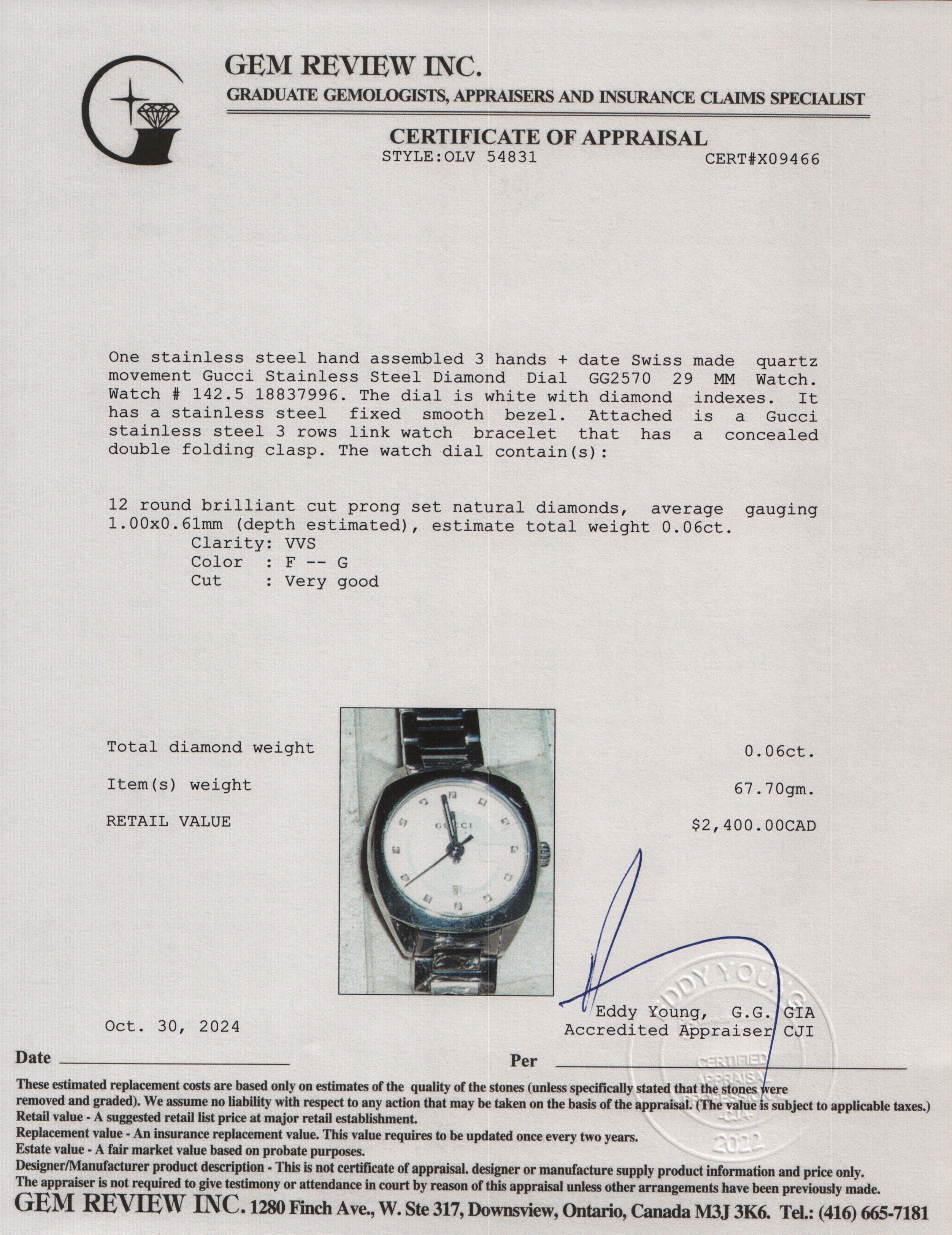 Gucci Stainless Steel Diamond Dial GG2570 29 MM Watch