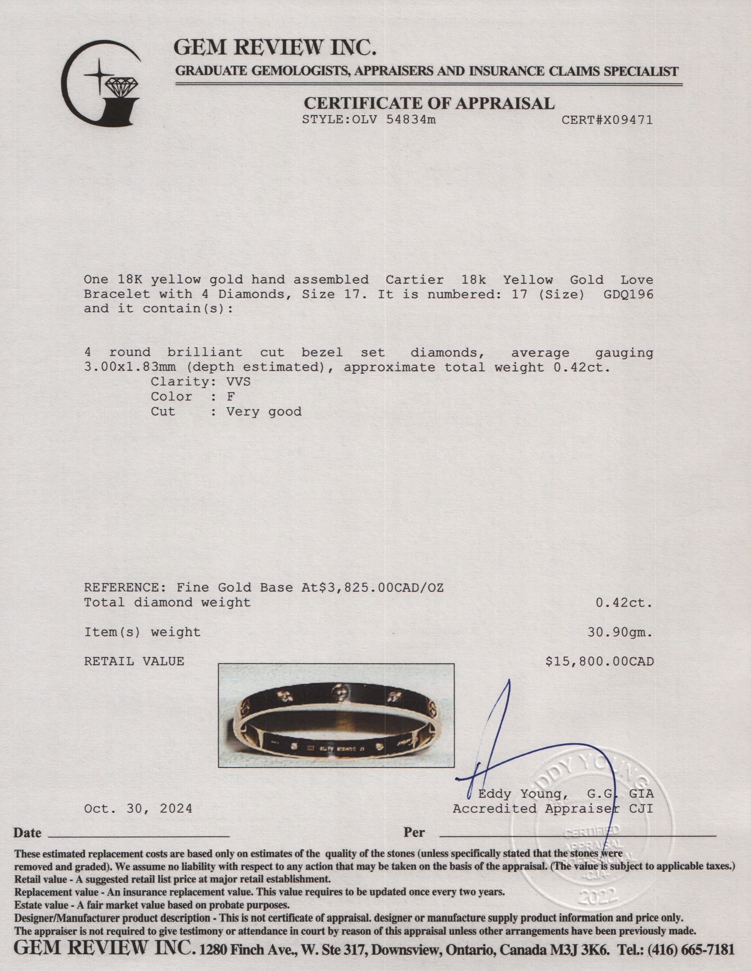 Cartier 18k Yellow Gold Love Bracelet with 4 Diamonds, Size 17 w/ Box