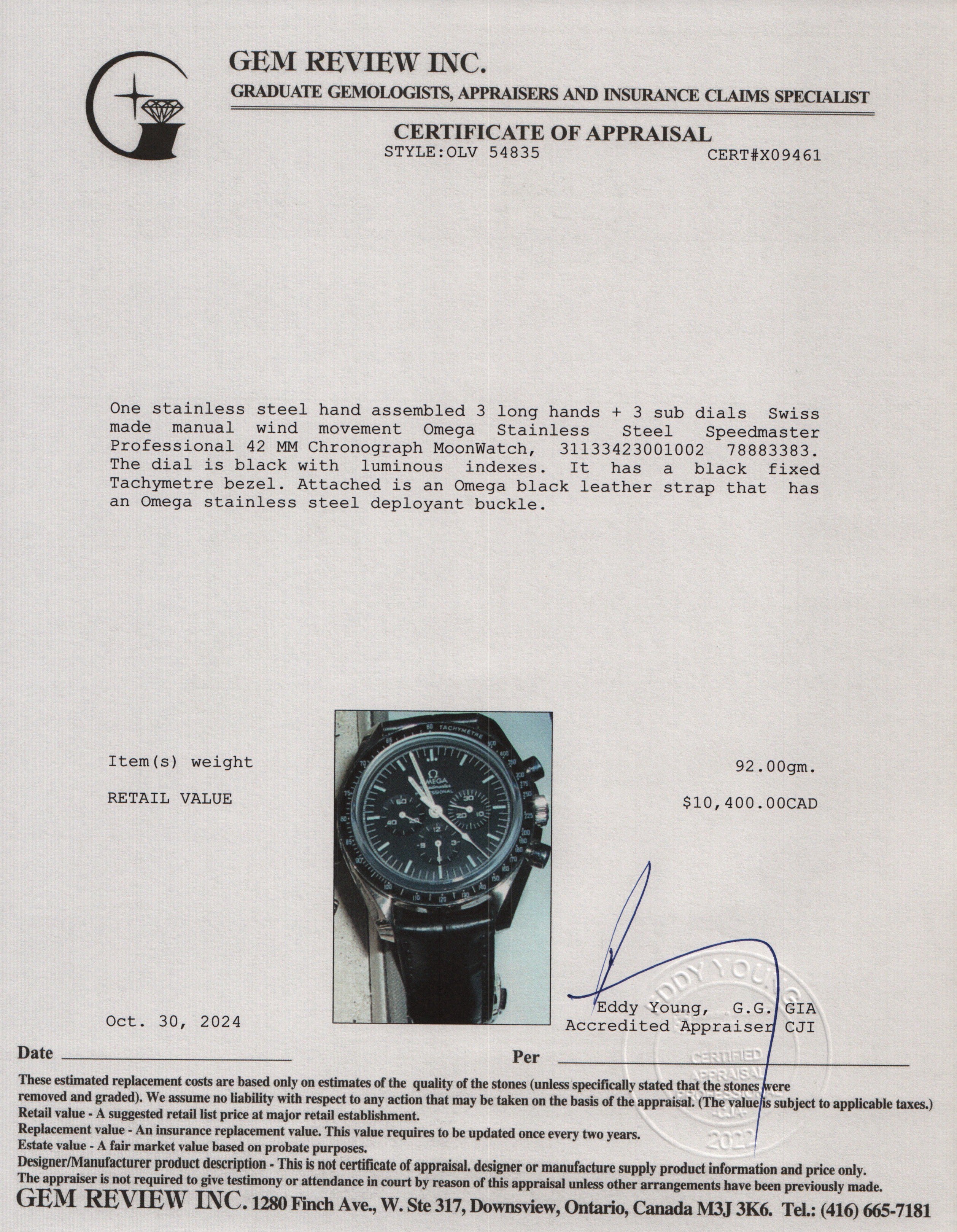 Omega Stainless Steel Speedmaster Professional 42 MM Chronograph MoonWatch w/ Papers