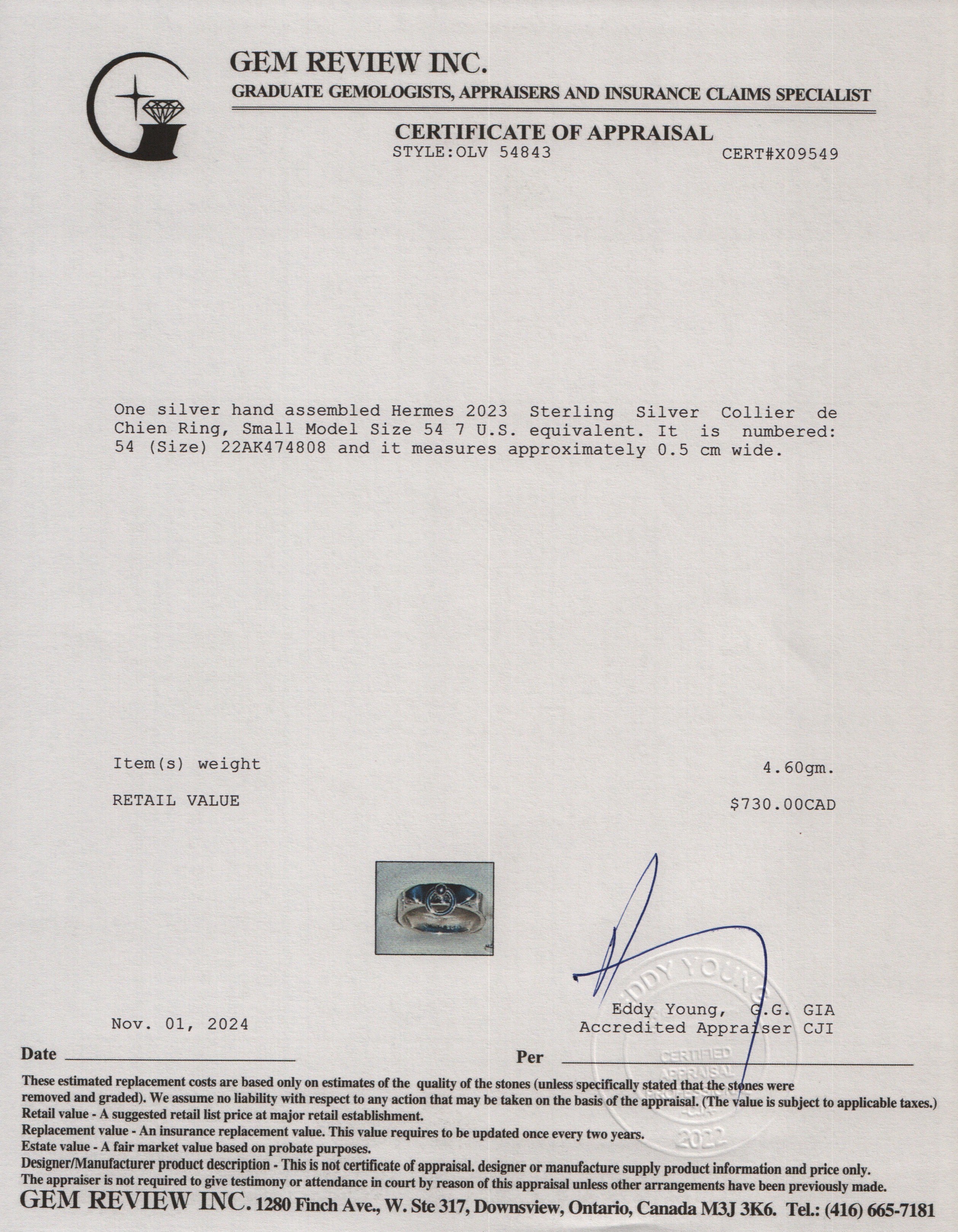 Hermes 2023 Sterling Silver Collier de Chien Ring, Small Model Size 54 7 w/ Box & Receipt