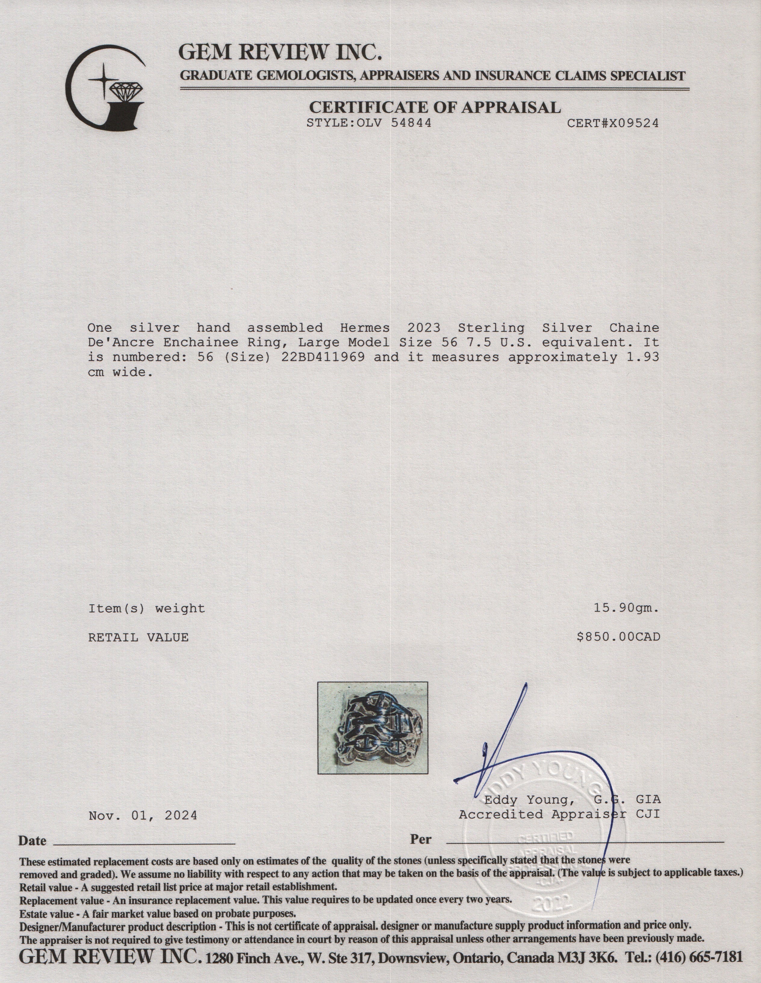 Hermes 2023 Sterling Silver Chaine De'Ancre Enchainee Ring, Large Model Size 56 7.5 w/ Box & Receipt