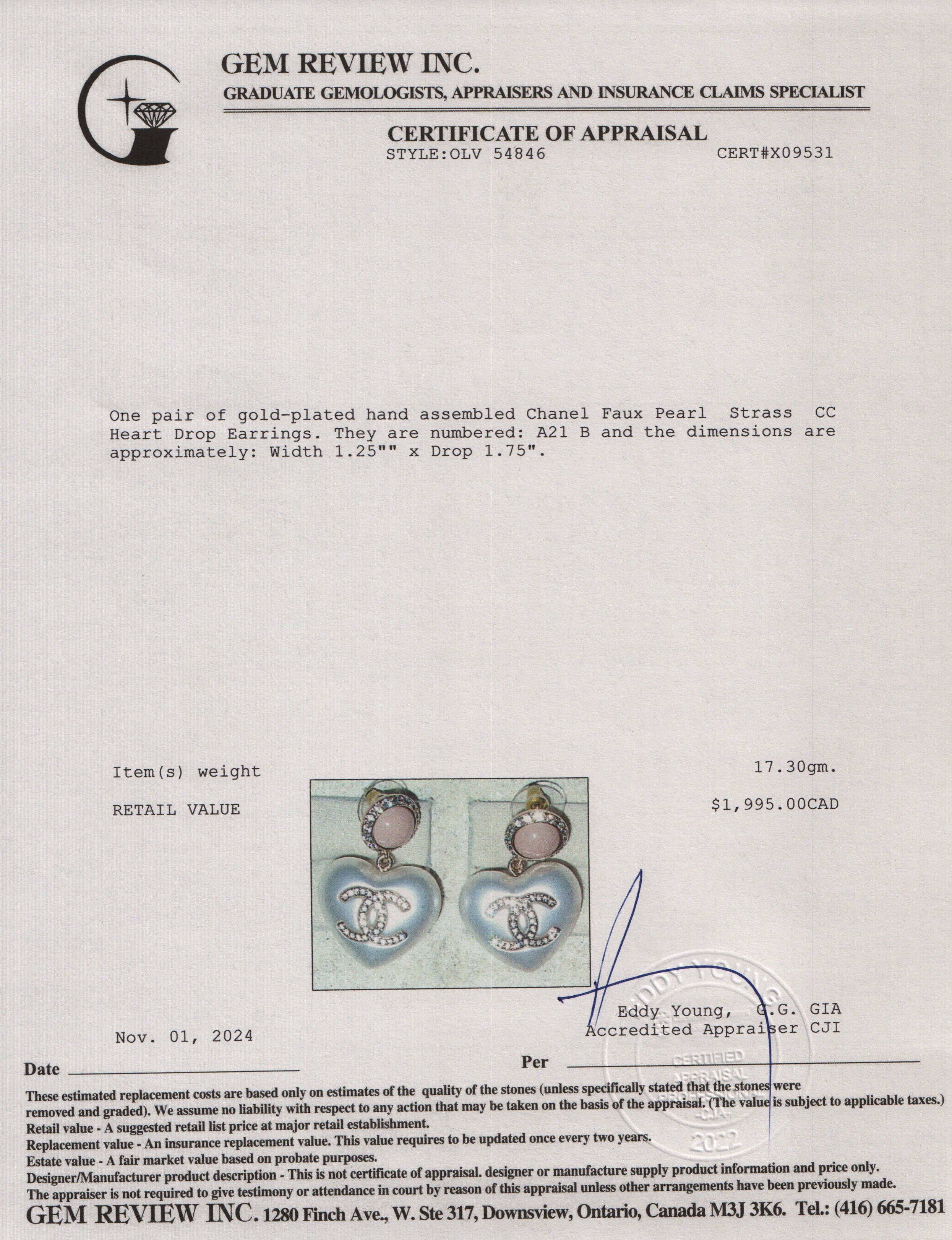 Chanel 2021 Gold Plated Faux Pearl Strass CC Heart Drop Earrings