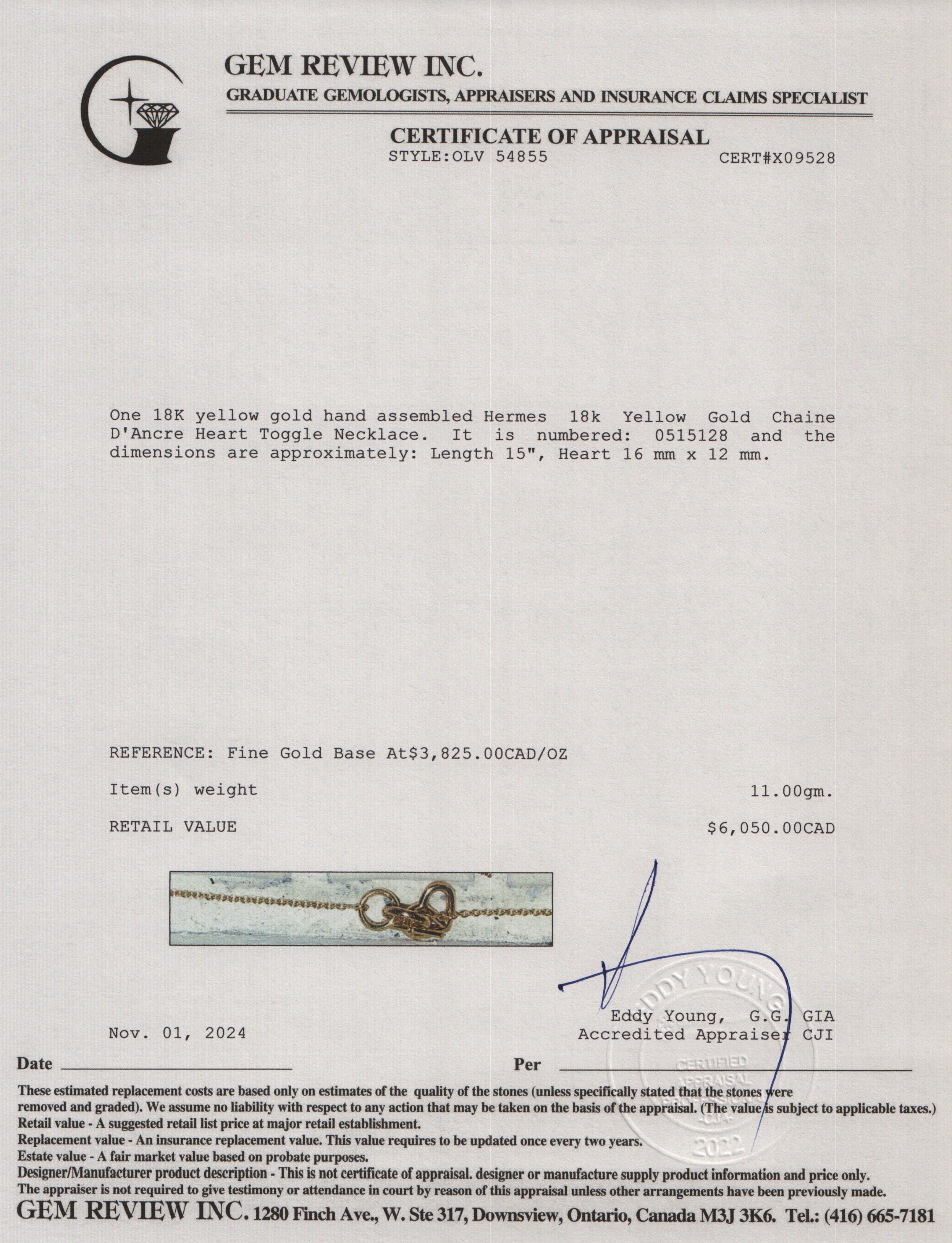 Hermes 18k Yellow Gold Chaine D'Ancre Heart Toggle Necklace