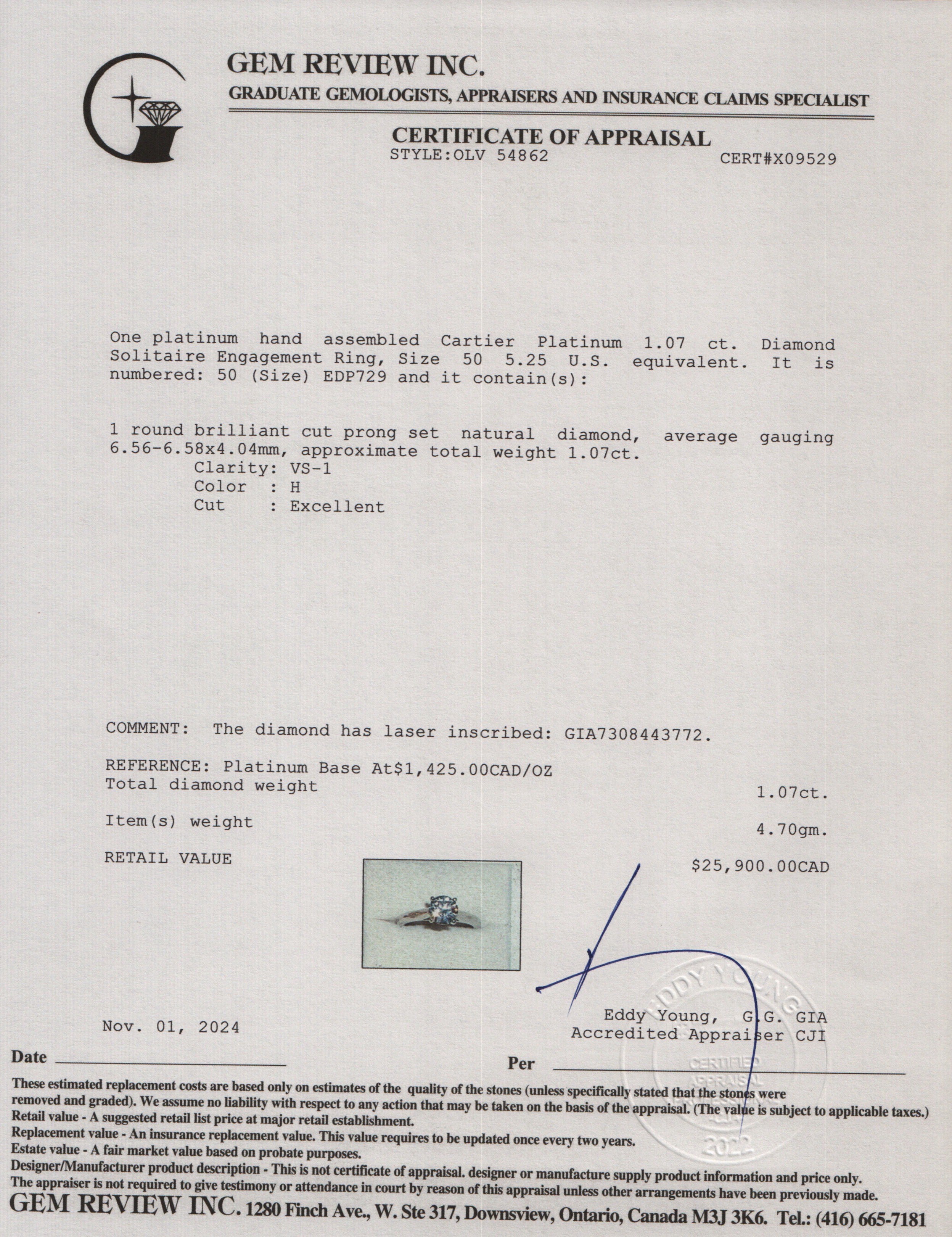 Cartier Platinum 1.07 ct. Diamond Solitaire Engagement Ring, Size 50 5.25 w/ Box & GIA