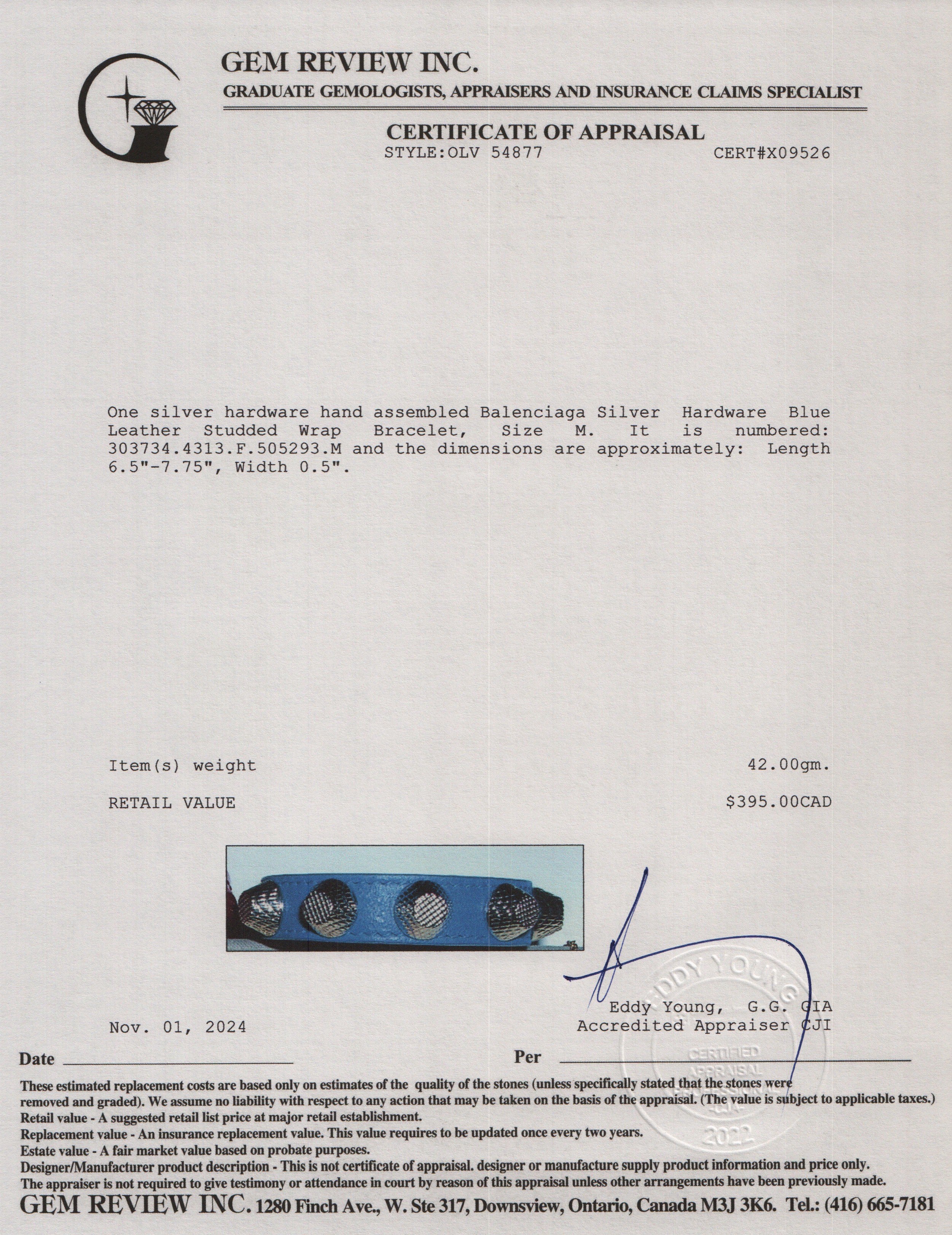 Balenciaga Silver Hardware Blue Leather Studded Wrap Bracelet, Size M