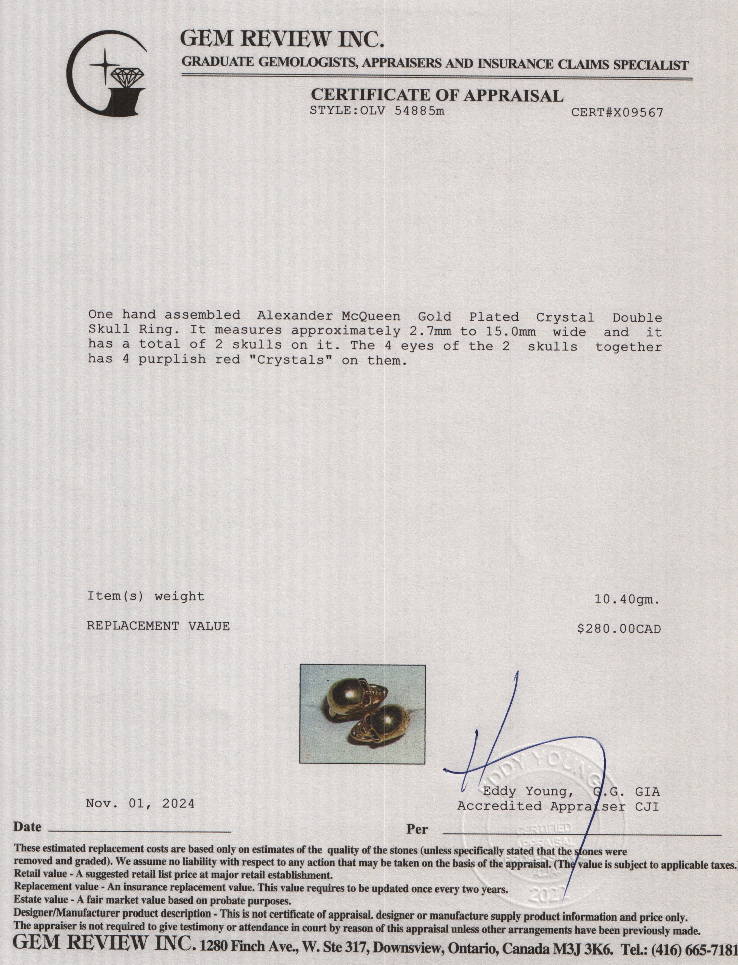 Alexander McQueen Gold Plated Crystal Double Skull Ring, Size 5.5