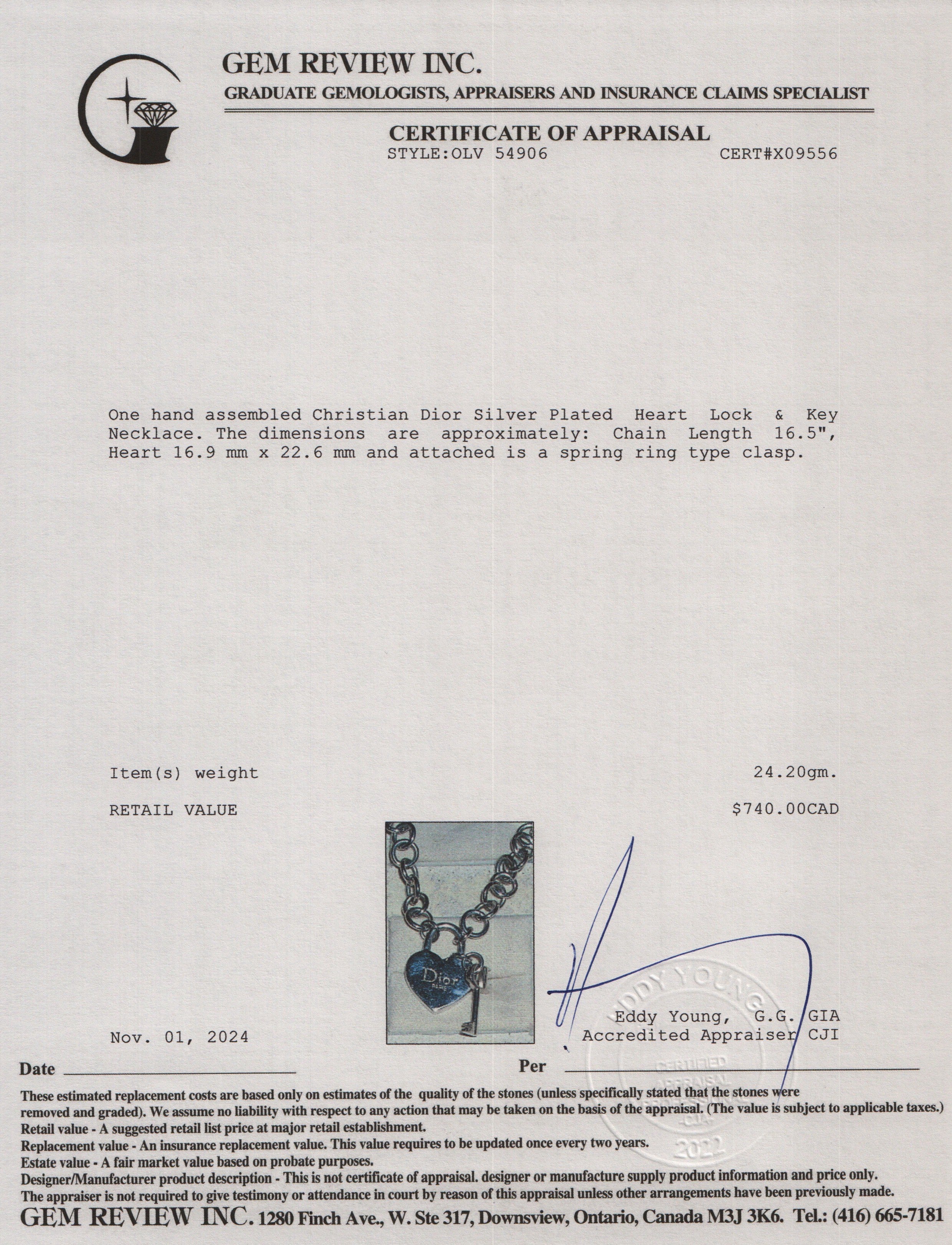 Christian Dior Silver Plated Heart Lock & Key Necklace