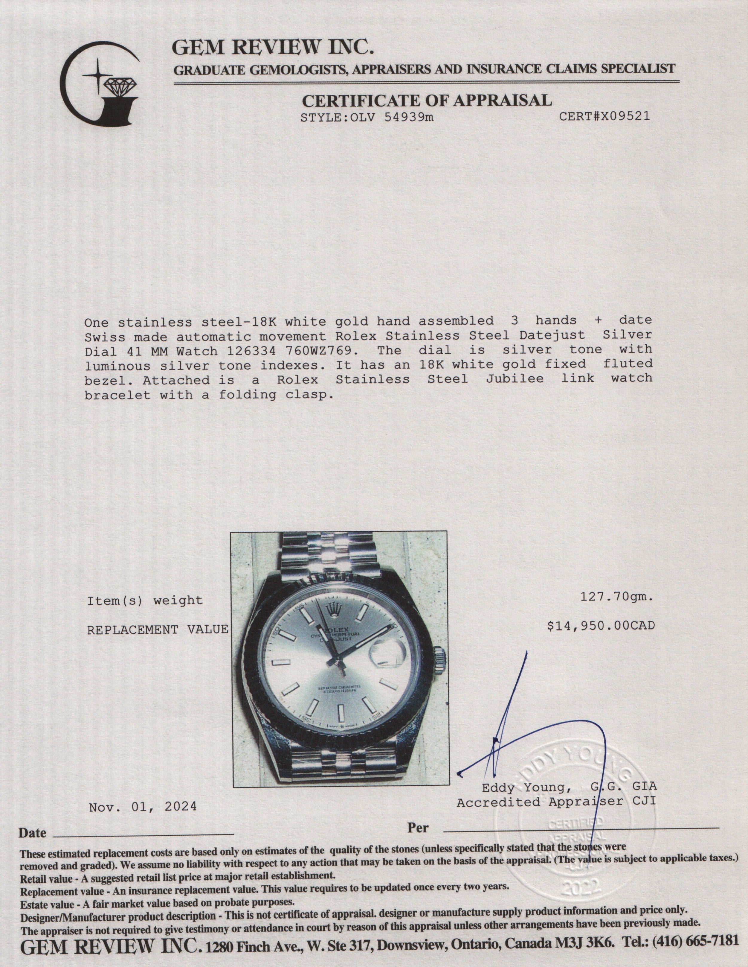 Rolex Stainless Steel Datejust Silver Dial 41 MM Watch 126334 w/ Box & Papers