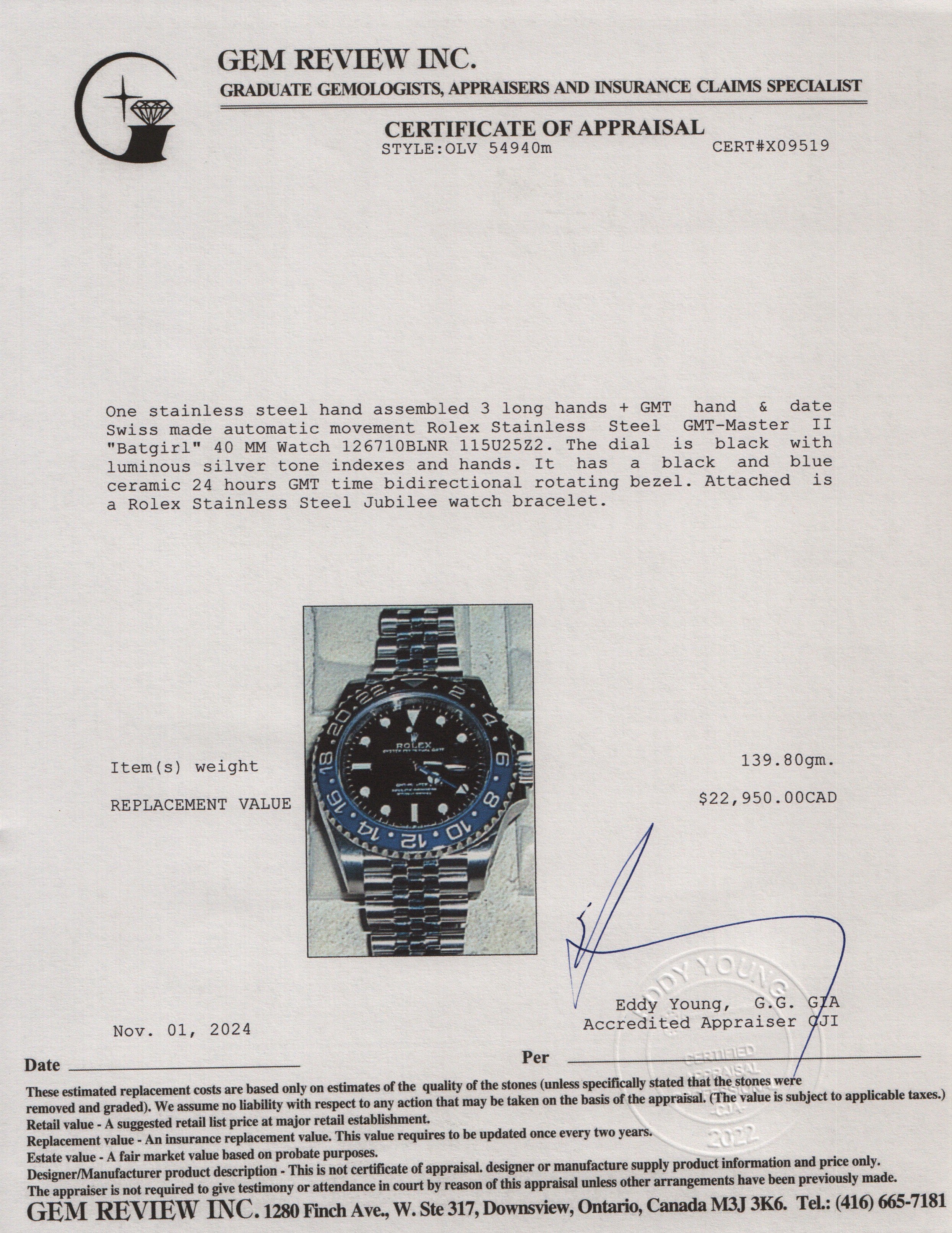 Rolex Stainless Steel GMT-Master II "Batgirl" 40 MM Watch 126710BLNR w/ Box & Papers