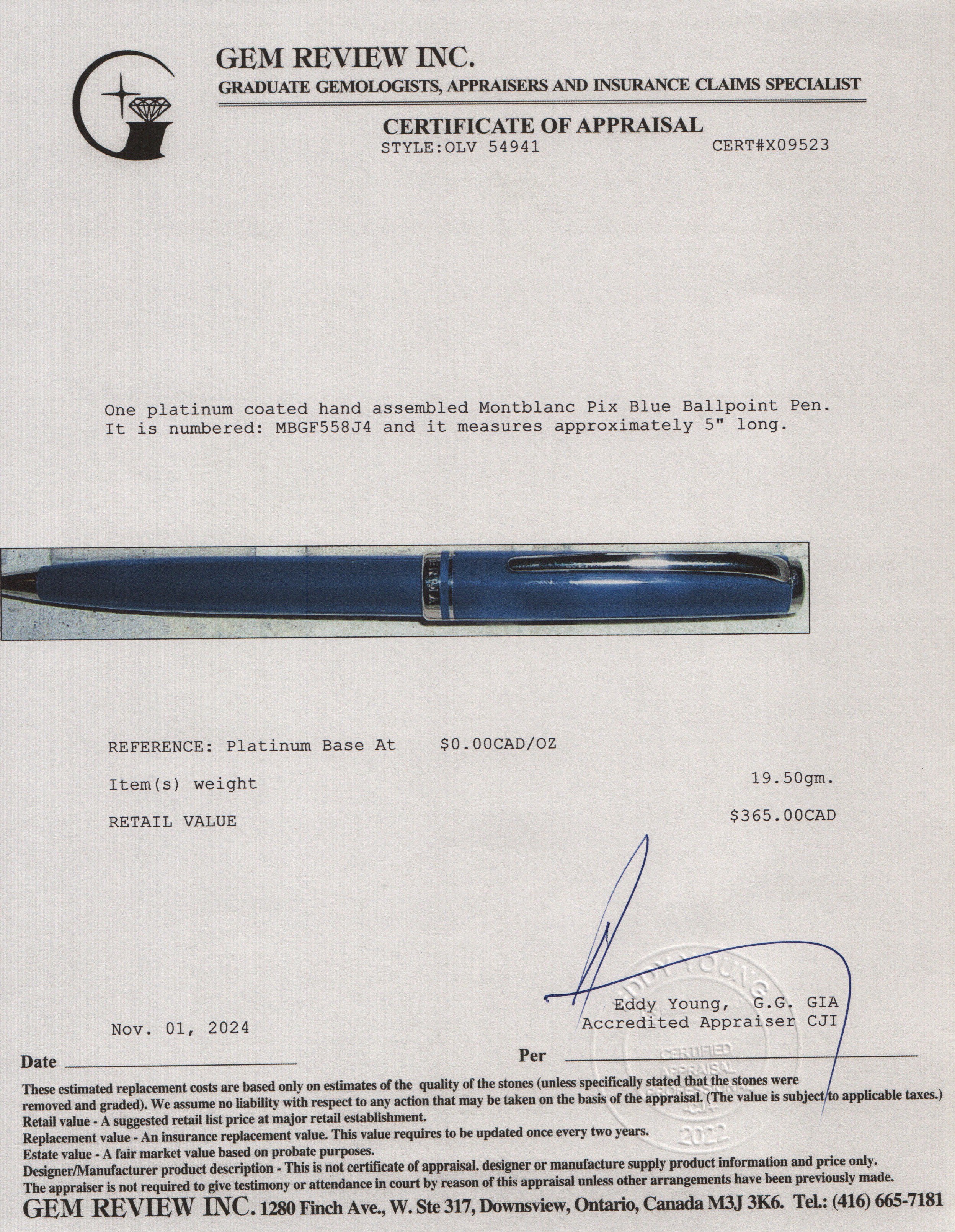 Montblanc Platinum Coated Pix Blue Ballpoint Pen w/ Box