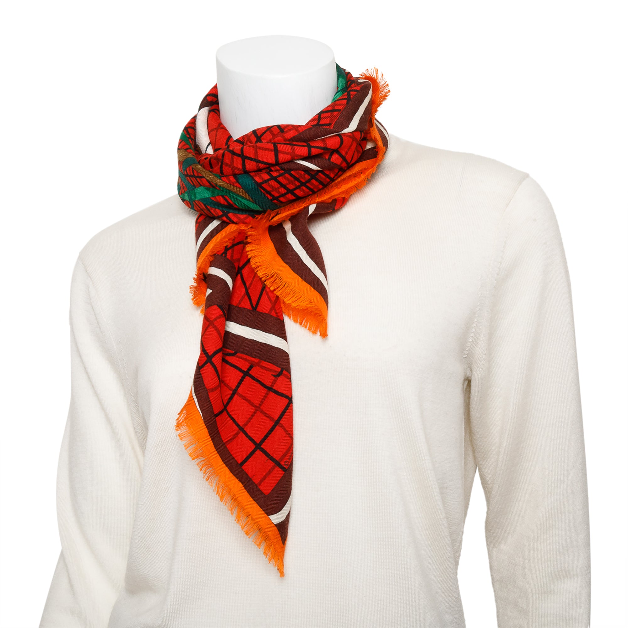 Hermes Red Multicolor 'Bete de Concours' Cashmere Silk Scarf 90