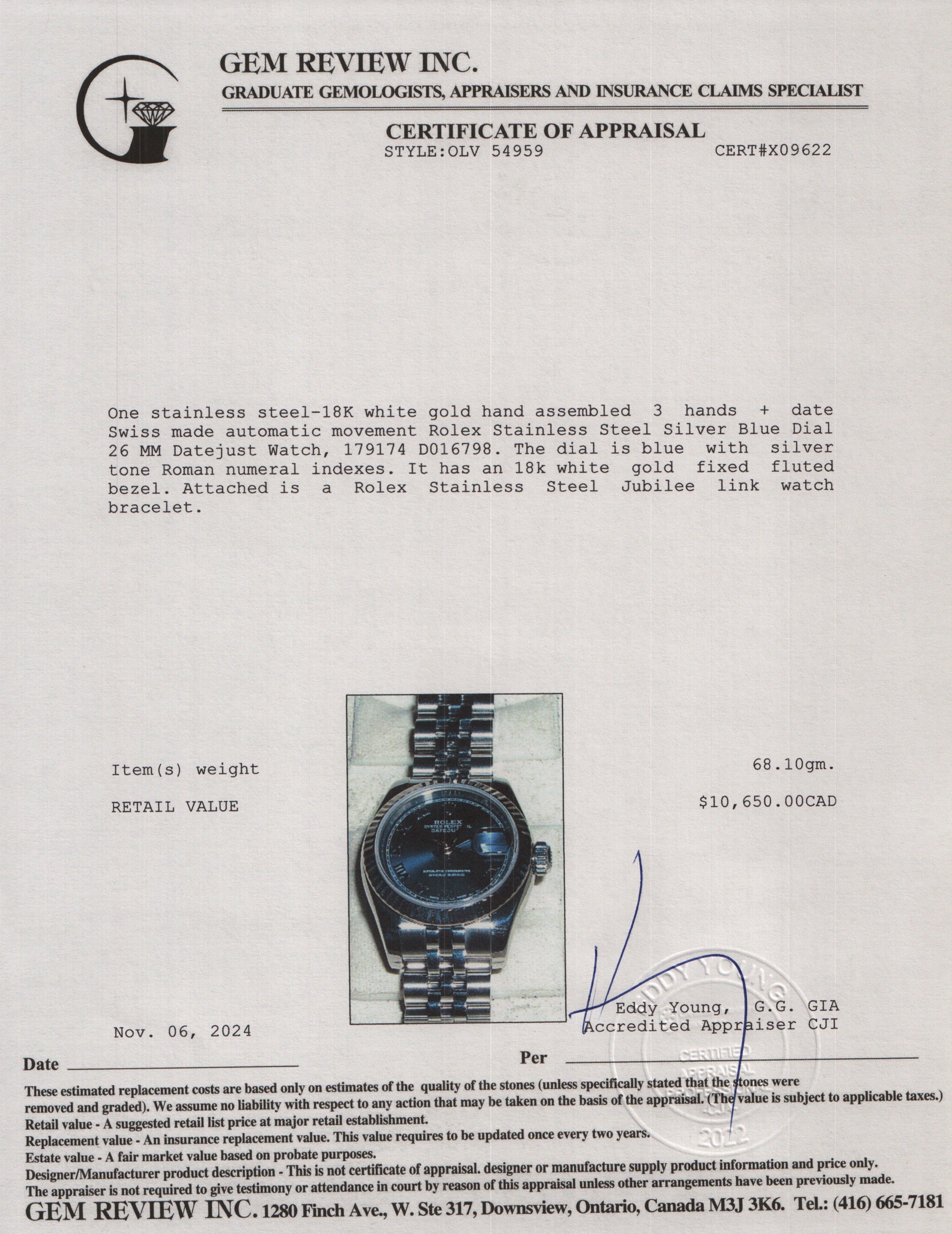 Rolex Stainless Steel Silver Blue Dial 26 MM Datejust Watch 179174 w/ Papers