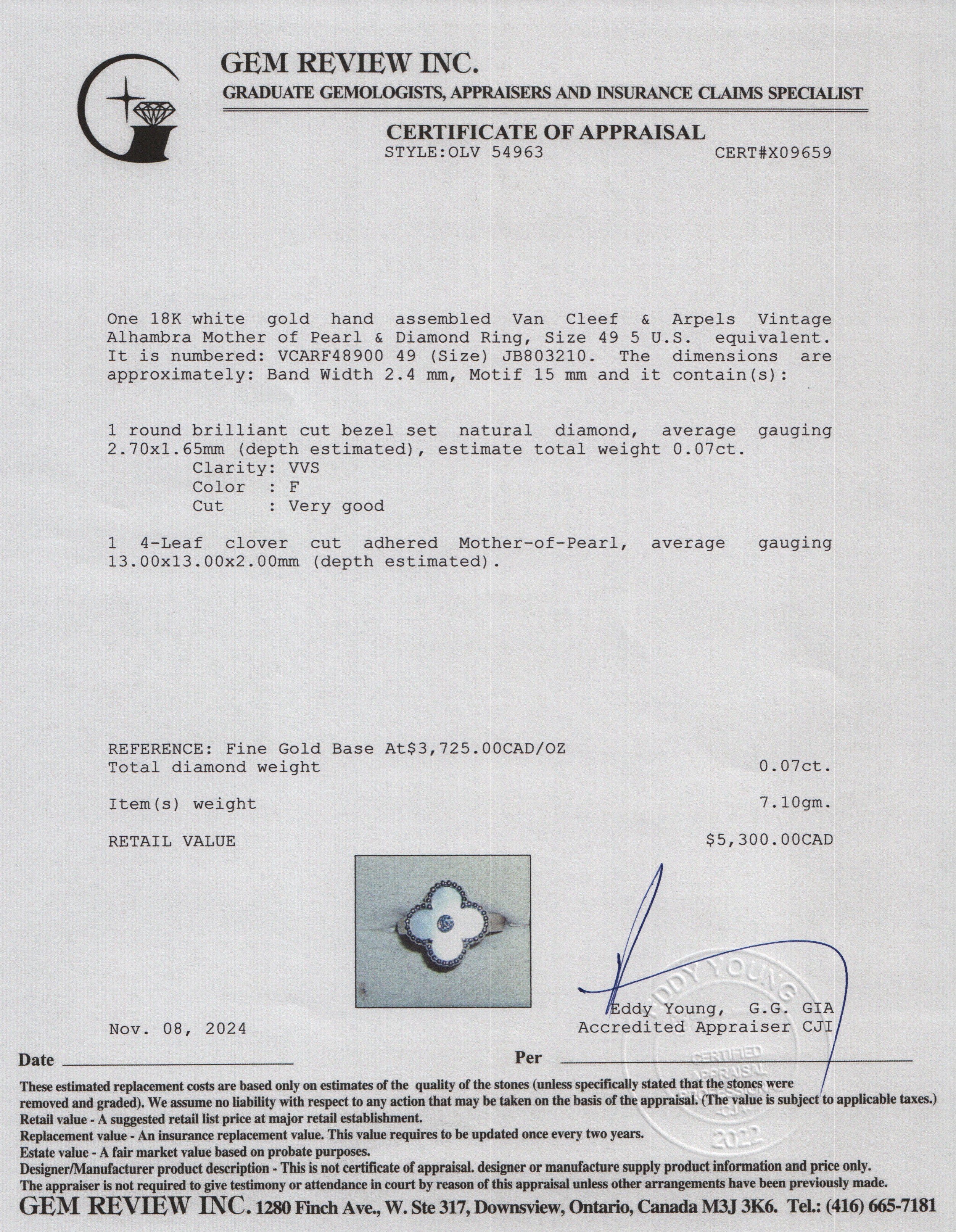 Van Cleef & Arpels 18k White Gold Vintage Alhambra Mother of Pearl & Diamond Ring, Size 49 5 w/ Box & Receipt