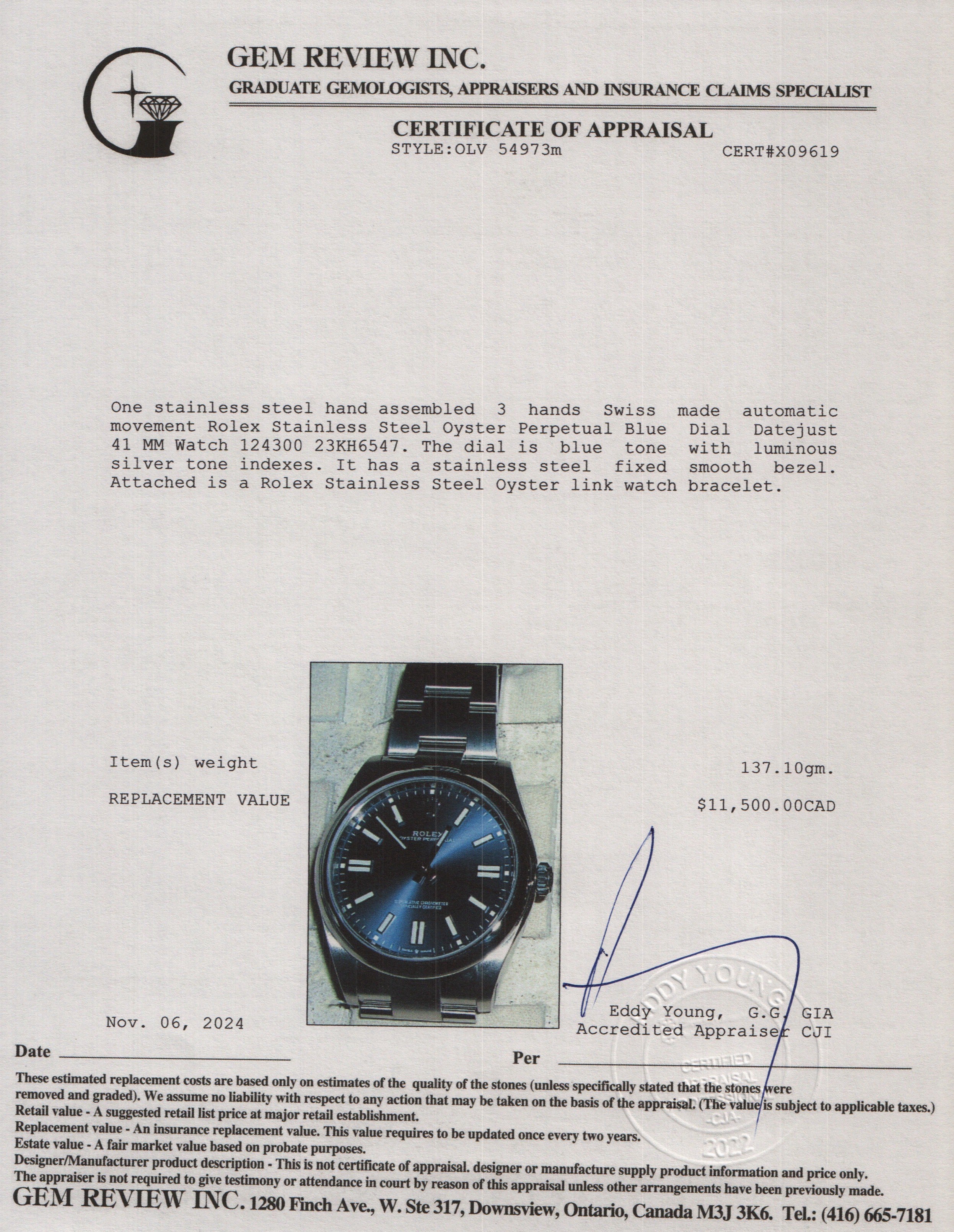 Rolex Stainless Steel Oyster Perpetual Blue Dial Datejust 41 MM Watch 124300 w/ Box & Papers