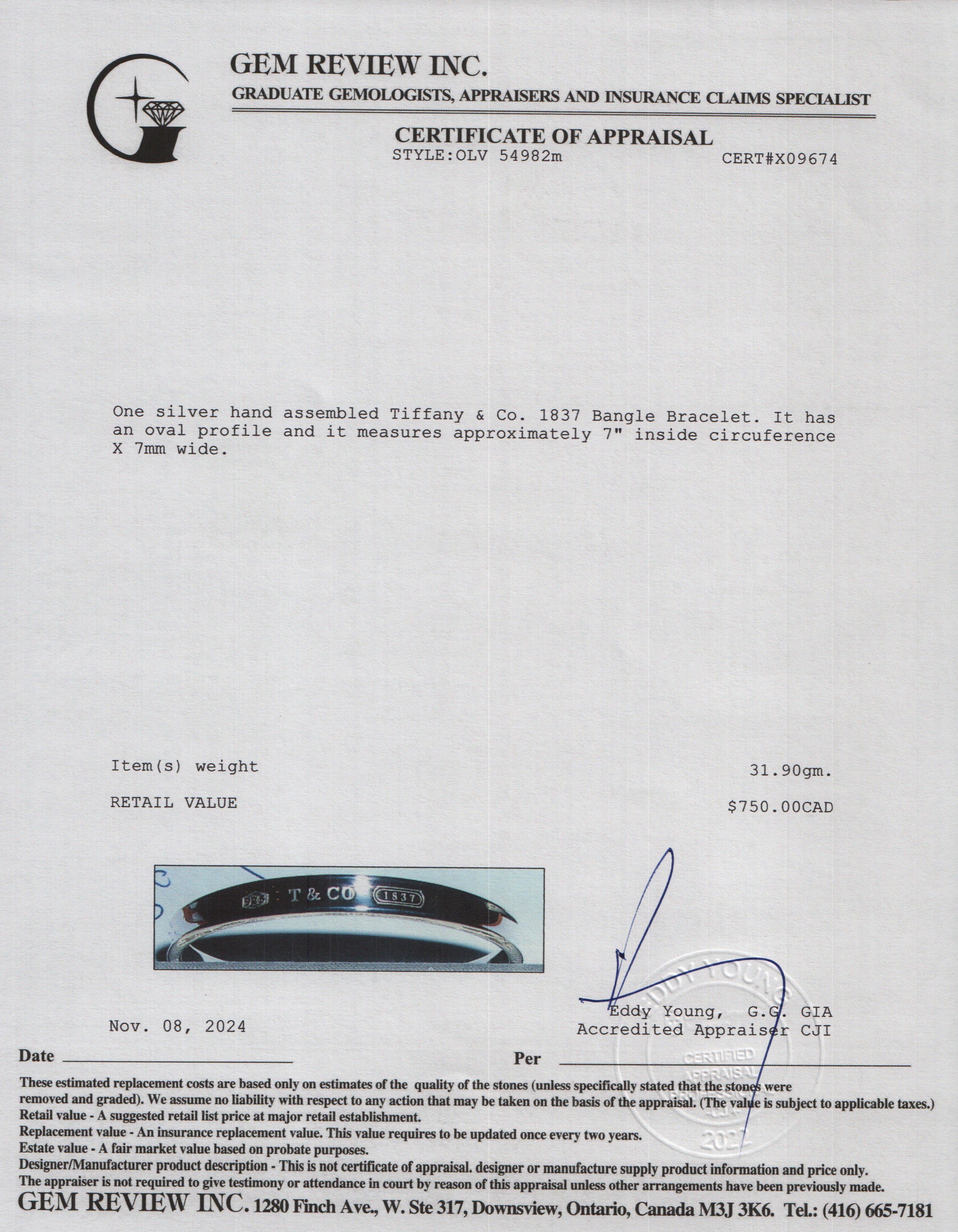 Tiffany & Co. Sterling Silver 1837 Bangle Bracelet