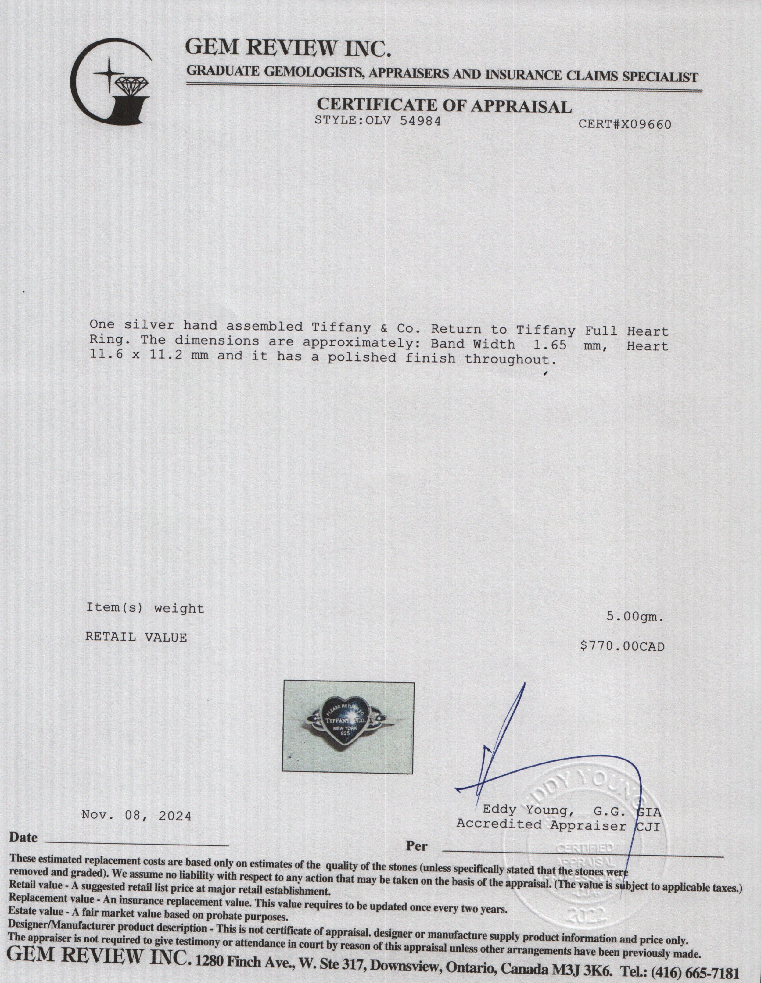 Tiffany & Co. Sterling Silver Return to Tiffany Full Heart Ring, Size 7 w/ Box