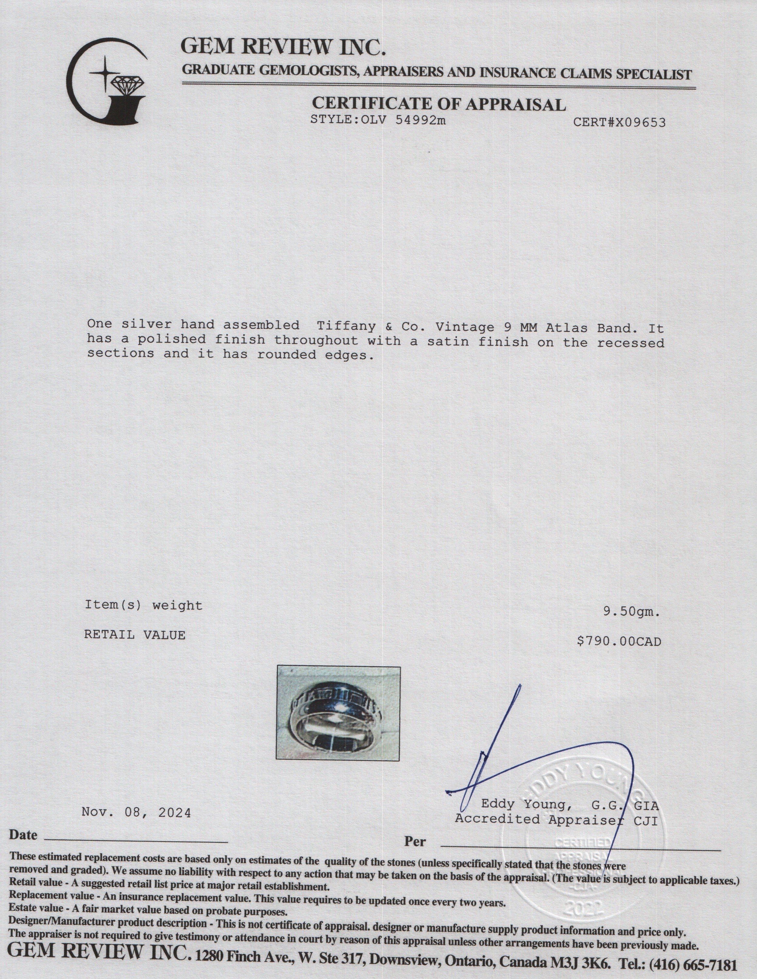 Tiffany & Co. Vintage Sterling Silver 9 MM Atlas Band, Size 11.5