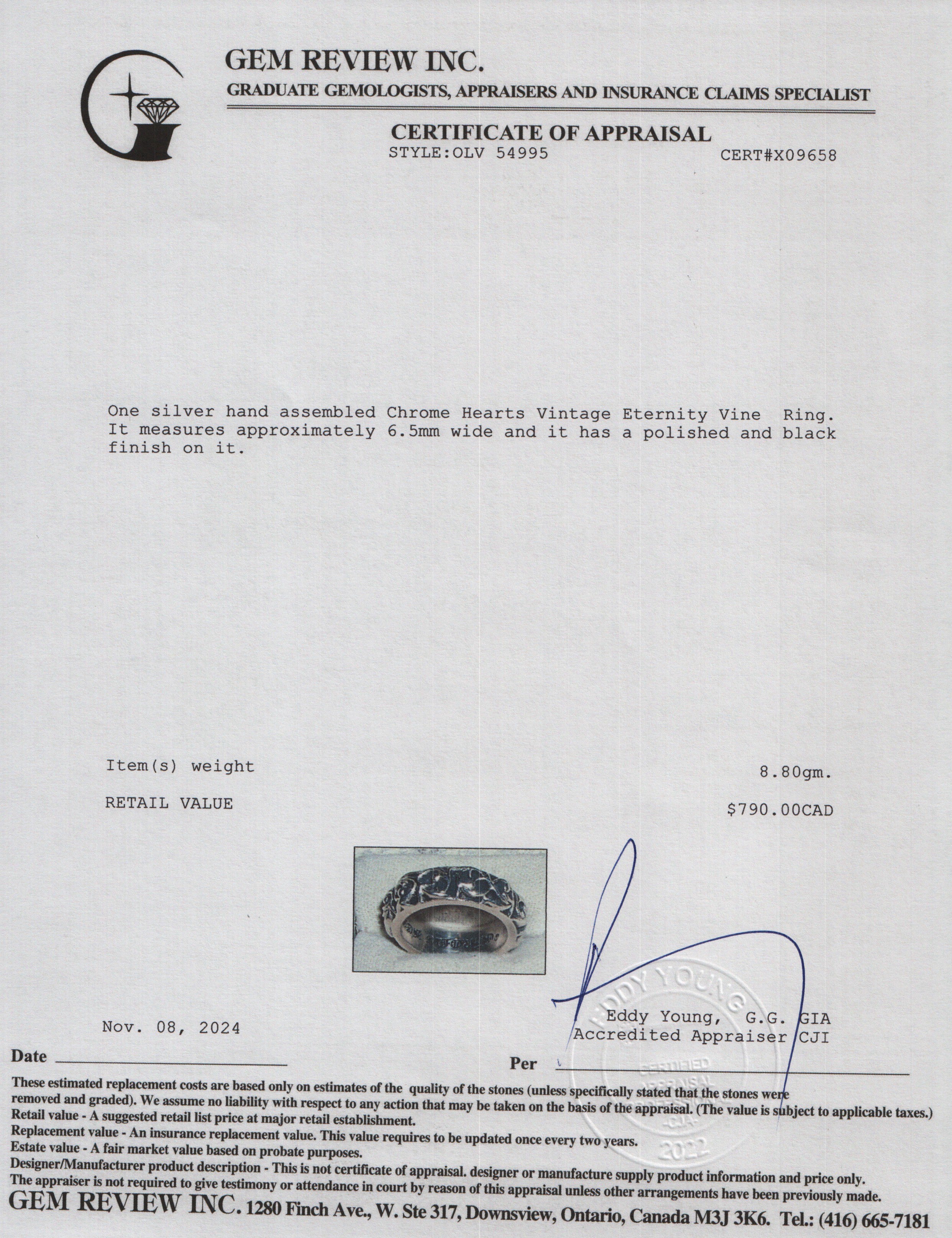 Chrome Hearts Vintage Sterling Silver Eternity Vine Ring, Size 6.5