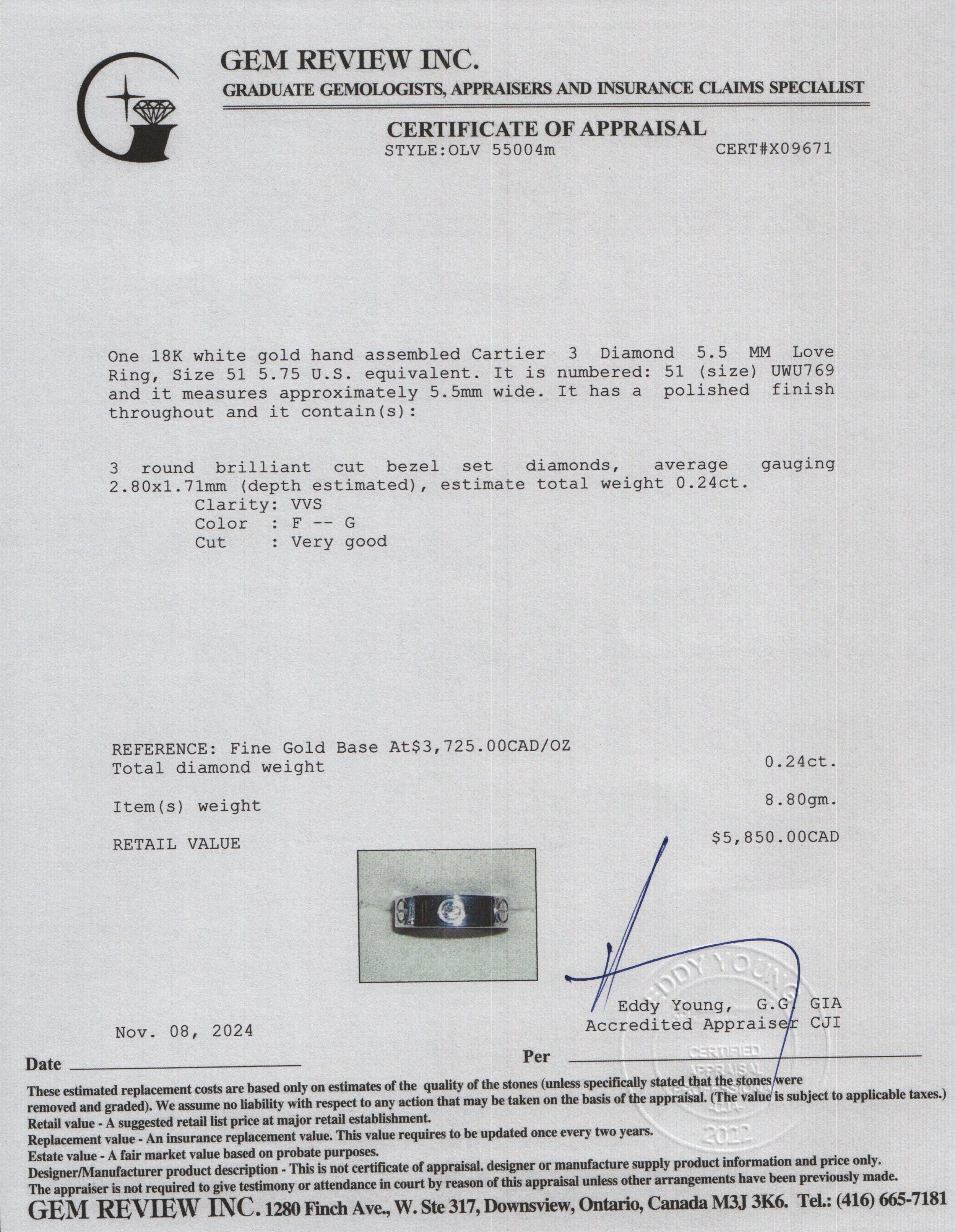 Cartier 2023 18k White Gold 3 Diamond 5.5 MM Love Ring, Size 51 5.75 w/ Certificate