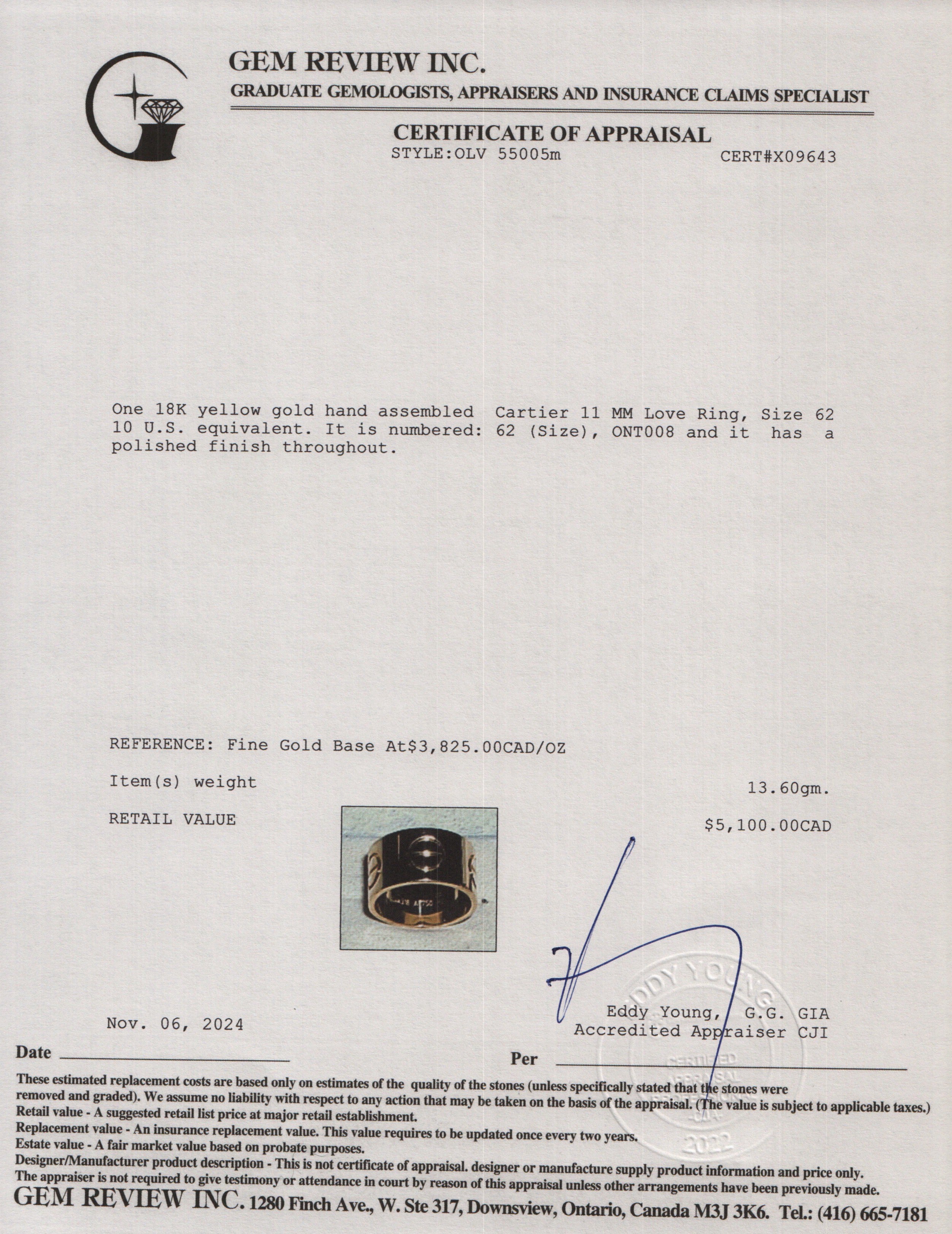 Cartier 18k Yellow Gold 11 MM Love Ring, Size 62 10