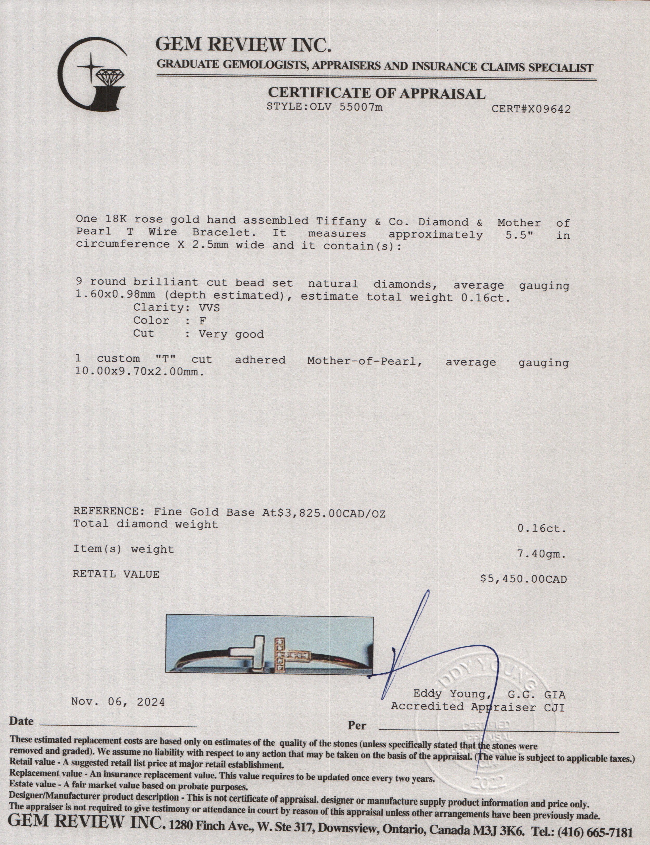 Tiffany & Co. 18k Rose Gold Diamond & Mother of Pearl T Wire Bracelet w/ Box