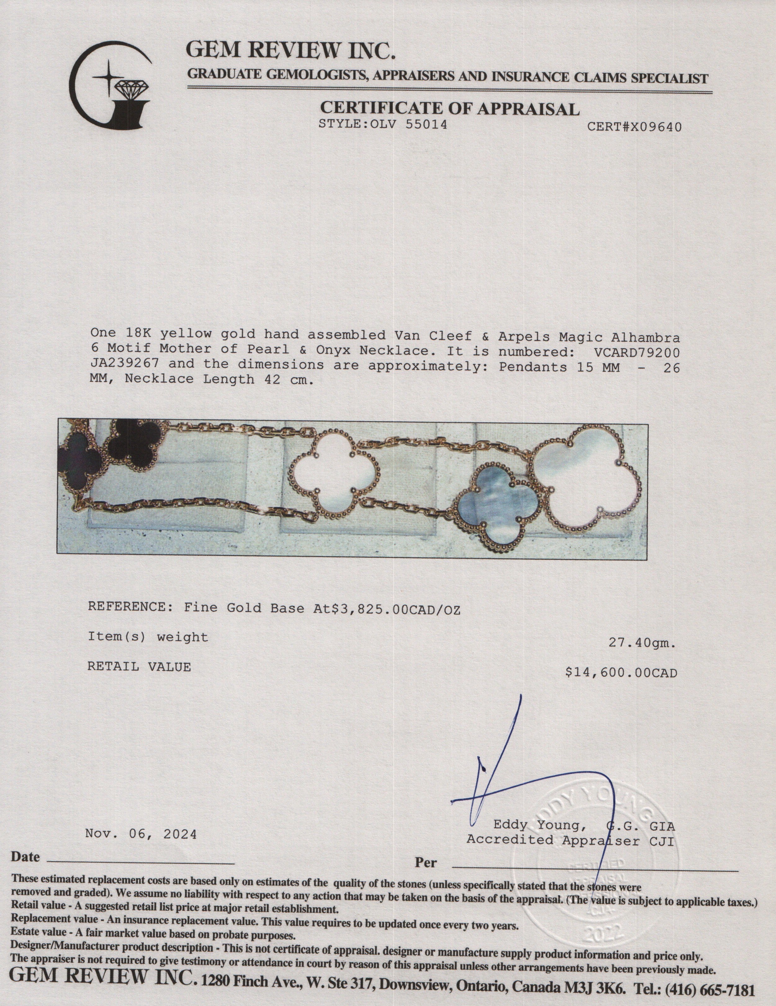 Van Cleef & Arpels 18k Yellow Gold Magic Alhambra 6 Motif Mother of Pearl & Onyx Necklace w/ Box, Certificate & Receipt