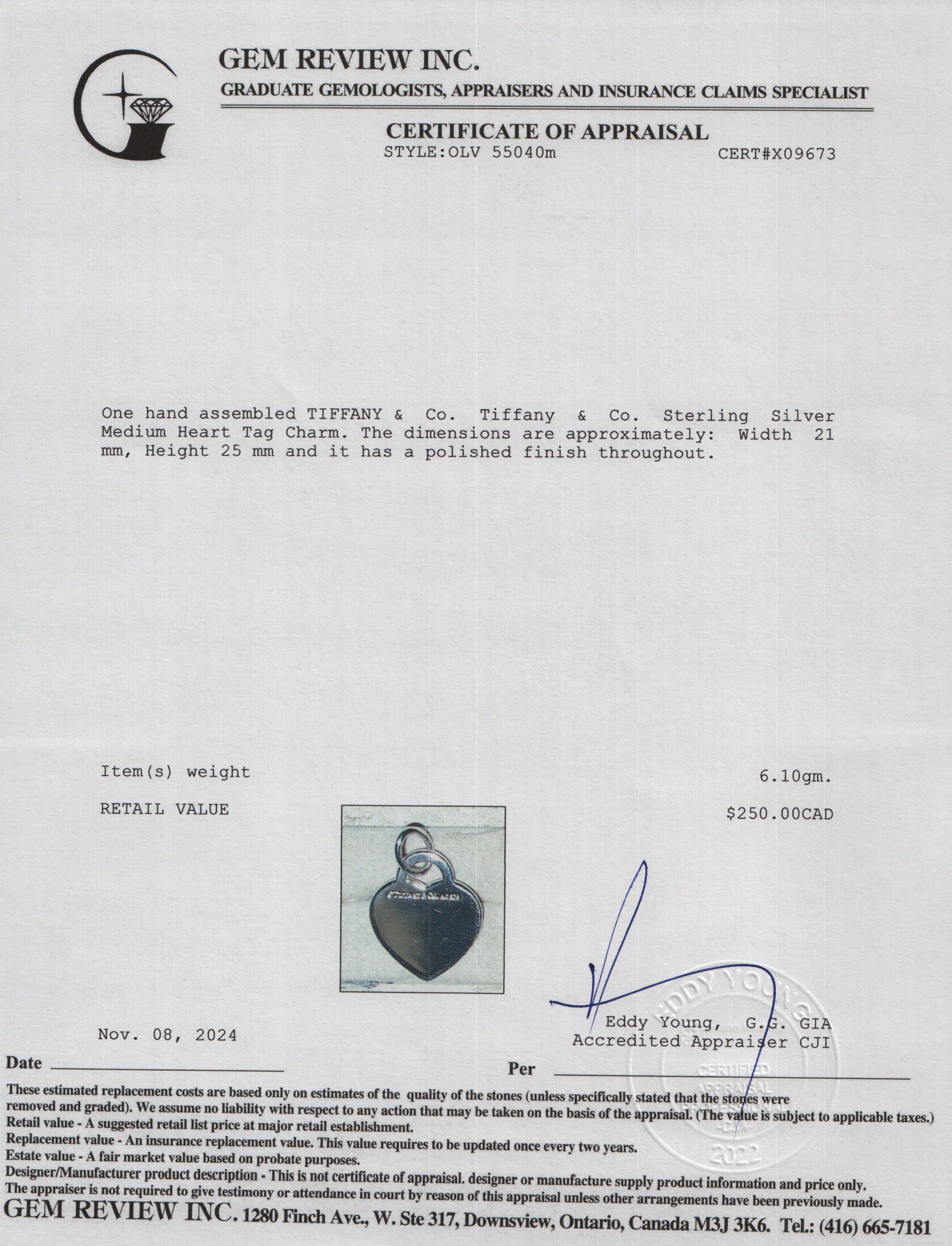 Tiffany & Co. Sterling Silver Medium Heart Tag Charm