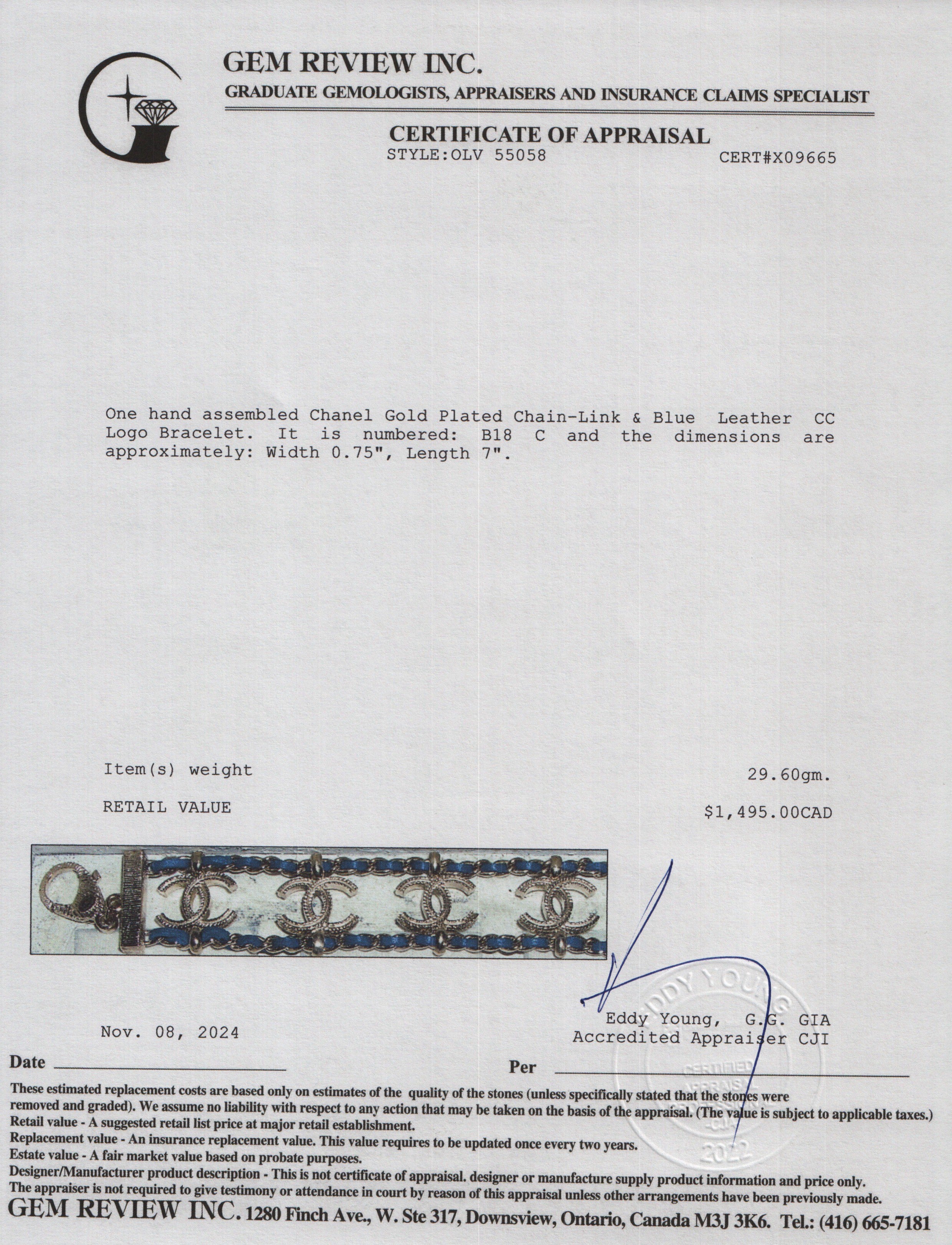 Chanel Gold Plated Chain-Link & Blue Leather CC Logo Bracelet