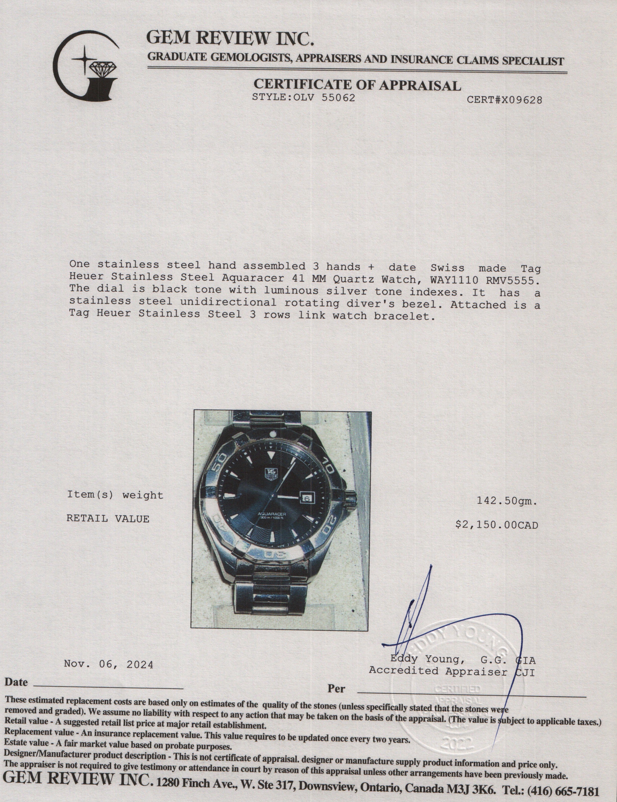 Tag Heuer Stainless Steel Aquaracer 41 MM Quartz Watch WAY1110 w/ Box & Papers