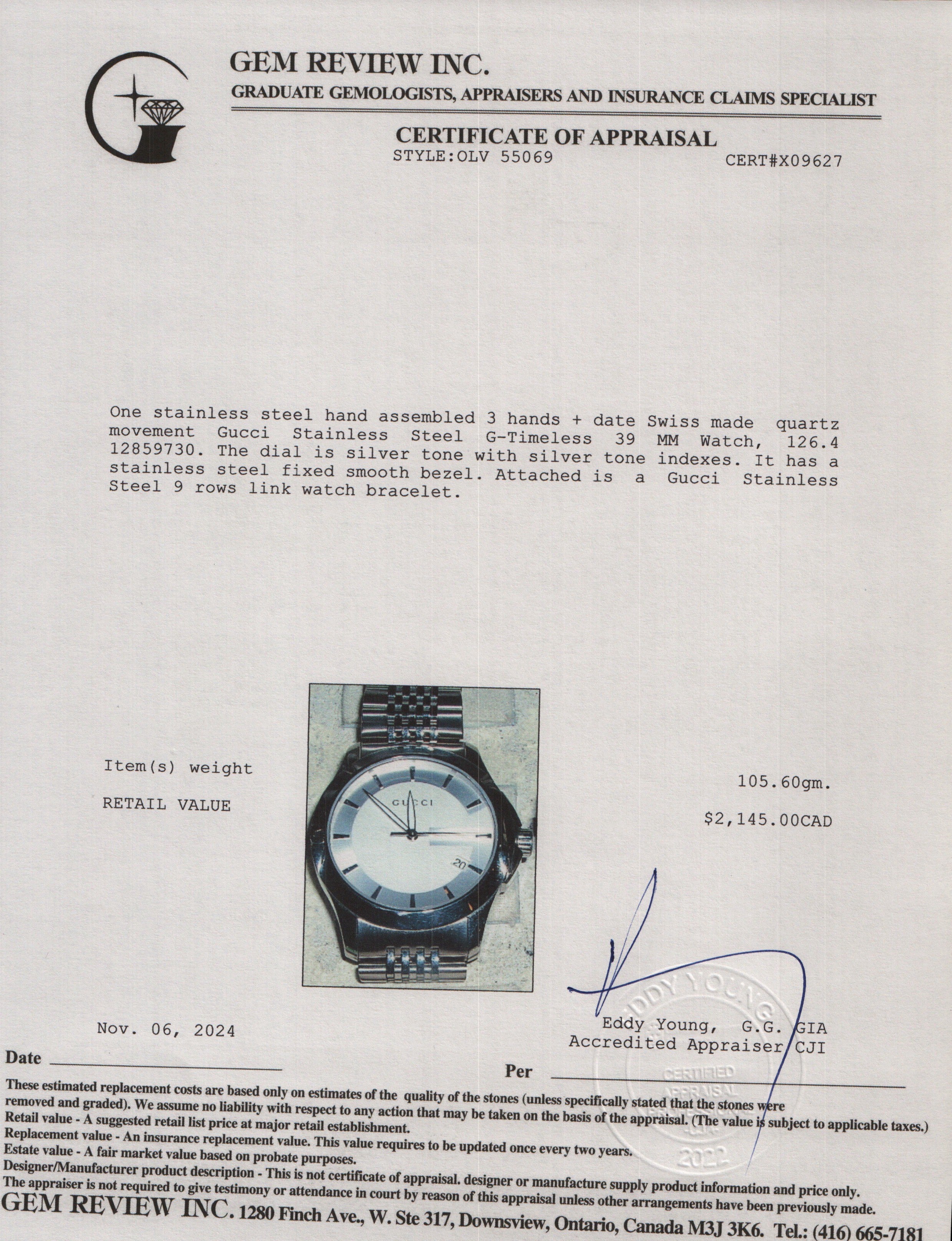 Gucci Stainless Steel G-Timeless 39 MM Watch w/ Box & Papers