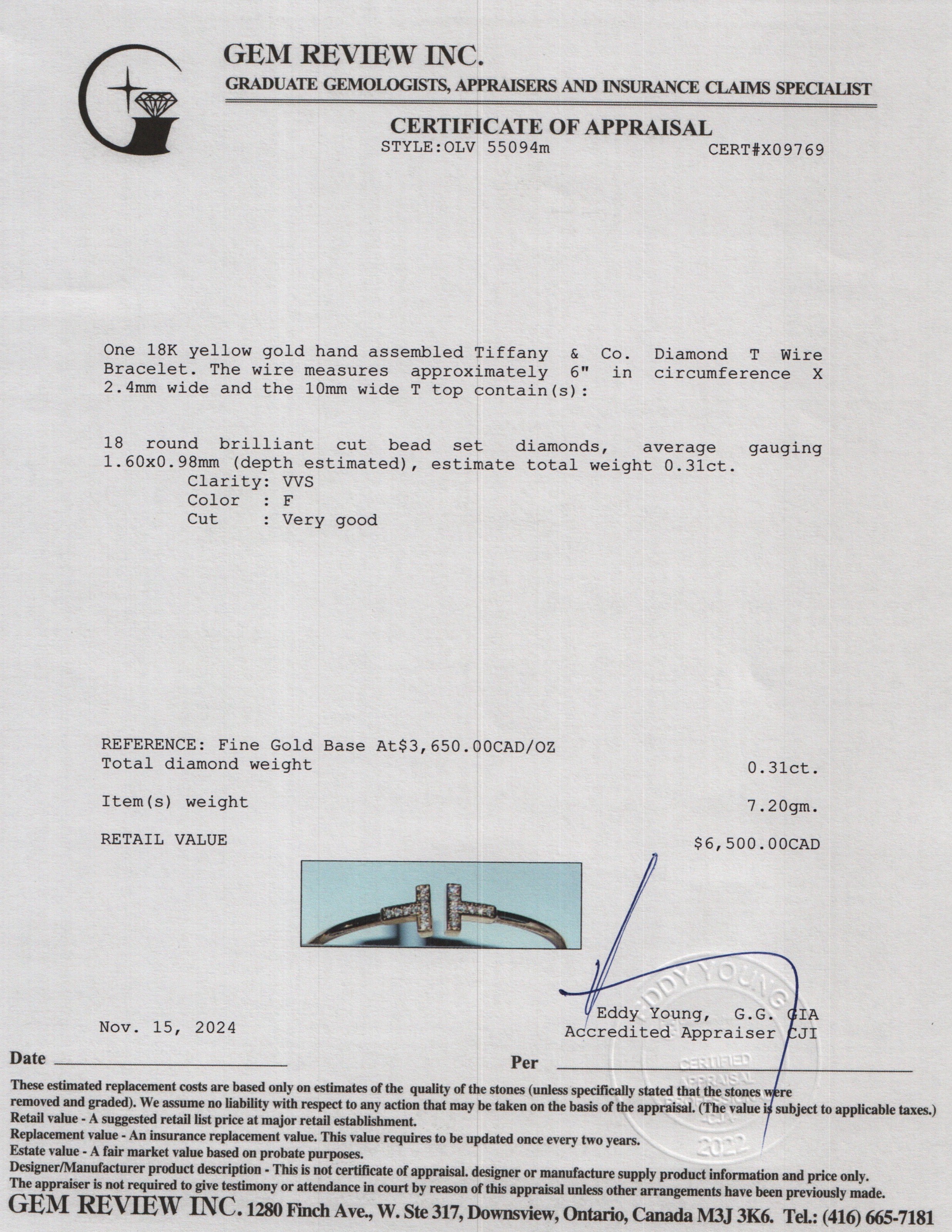 Tiffany & Co. 18k Yellow Gold Diamond T Wire Bracelet w/ Box