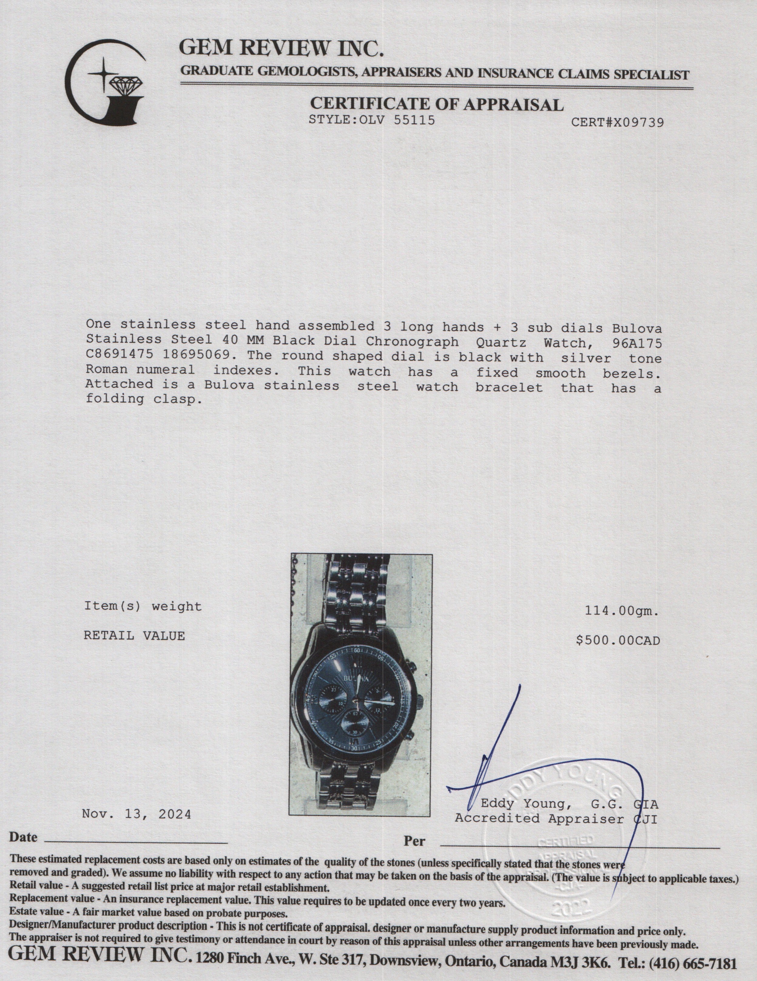 Bulova Stainless Steel 40 MM Black Dial Chronograph Quartz Watch 96A175 w/ Box