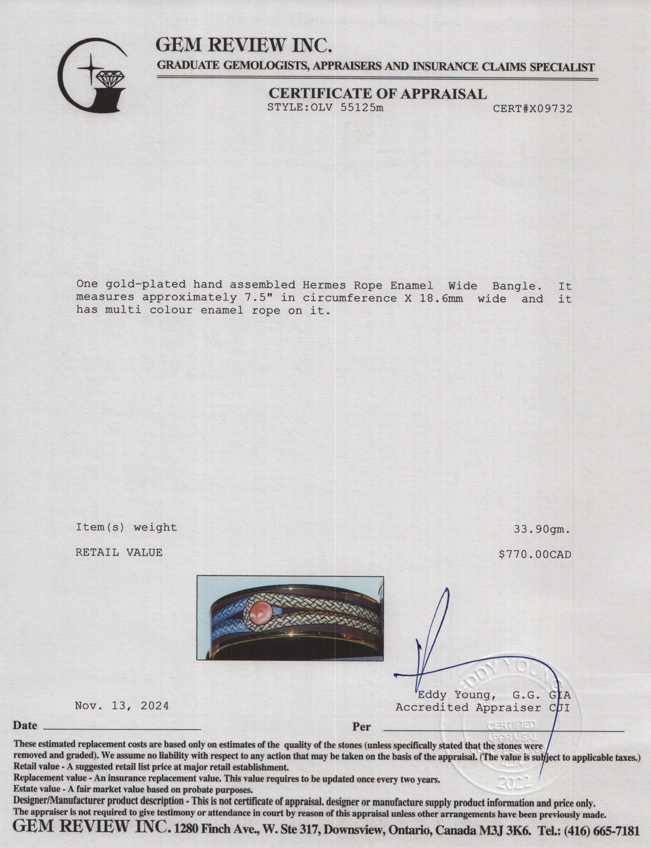 Hermes Gold-Plated Rope Enamel Wide Bangle