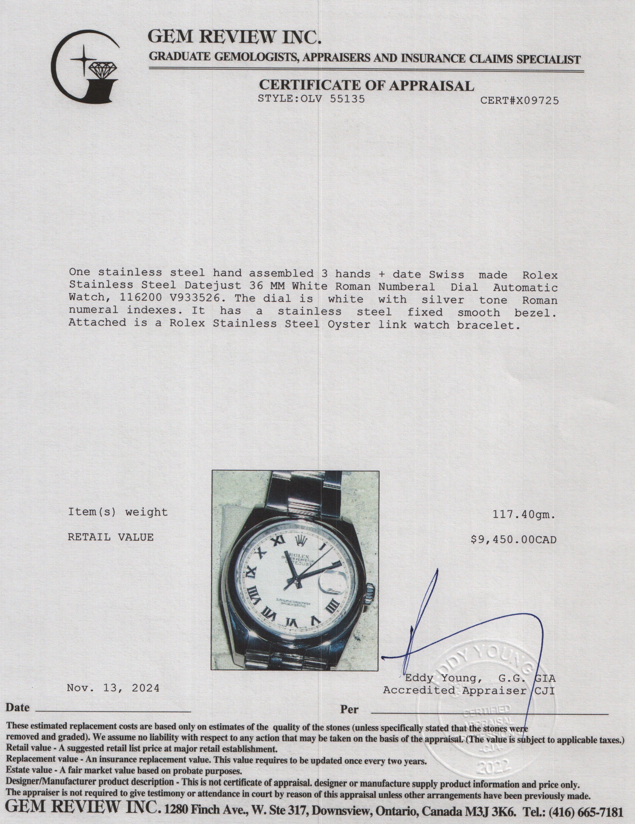 Rolex Stainless Steel Datejust 36 MM White Roman Numberal Dial Automatic Watch 116200 w/ Box & Papers