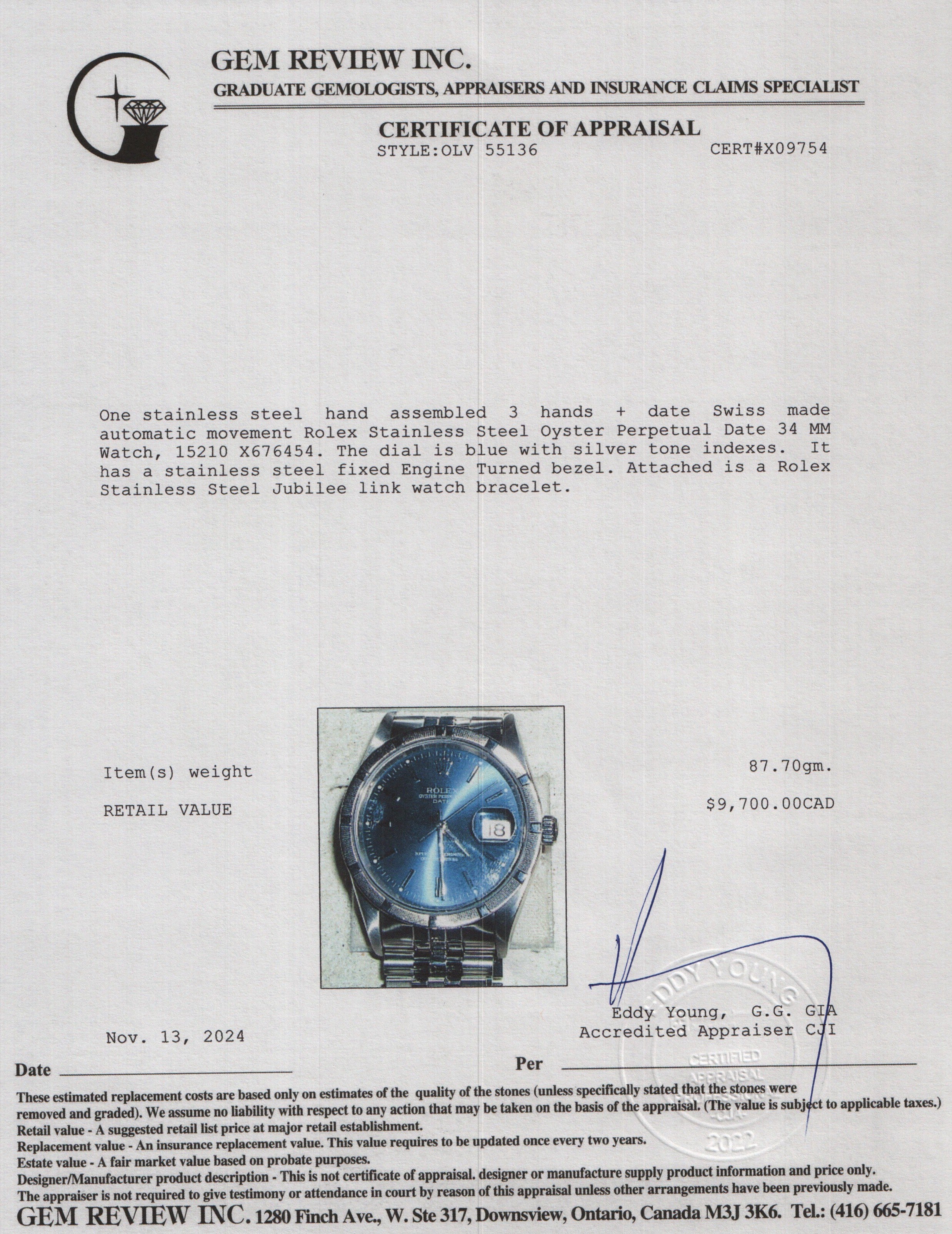 Rolex Stainless Steel Oyster Perpetual Date 34 MM Watch Blue Dial 15210