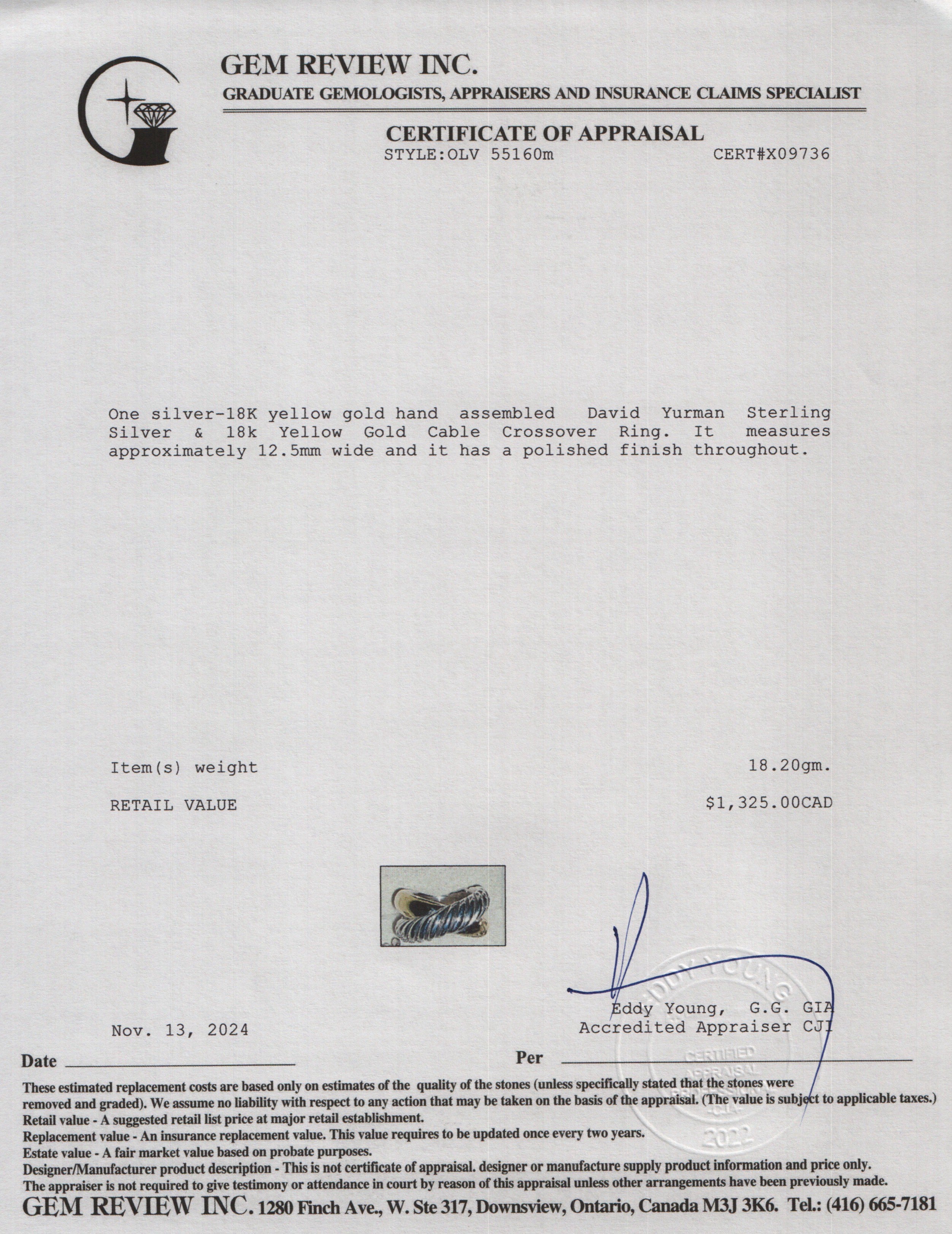 David Yurman Sterling Silver & 18k Yellow Gold Cable Crossover Ring, Size 7