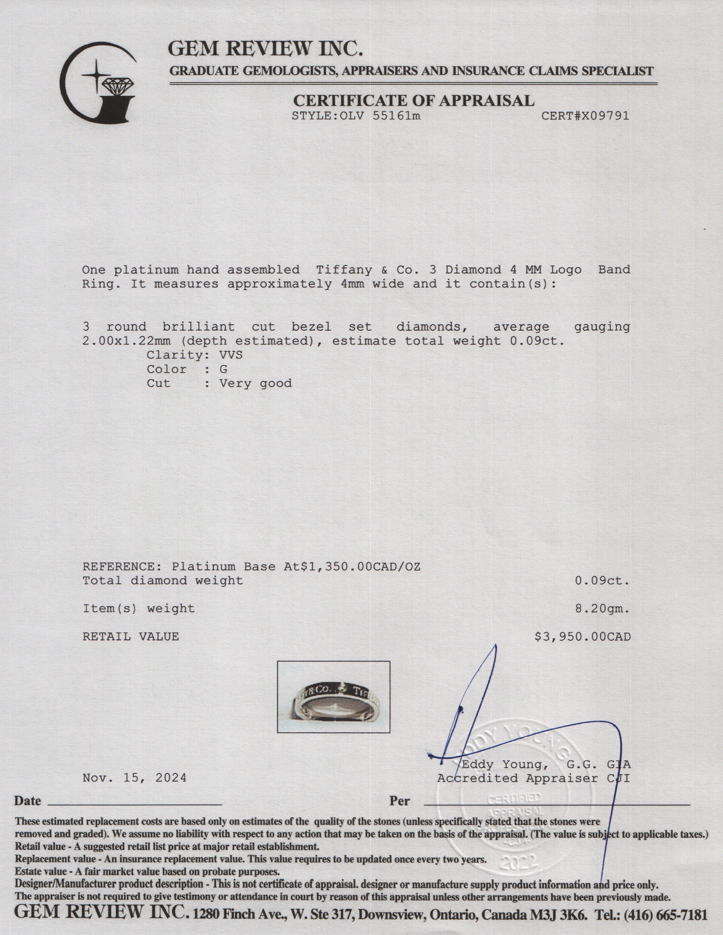 Tiffany & Co. Platinum & 3 Diamond 4 MM Logo Band Ring, Size 9.25 w/ Box