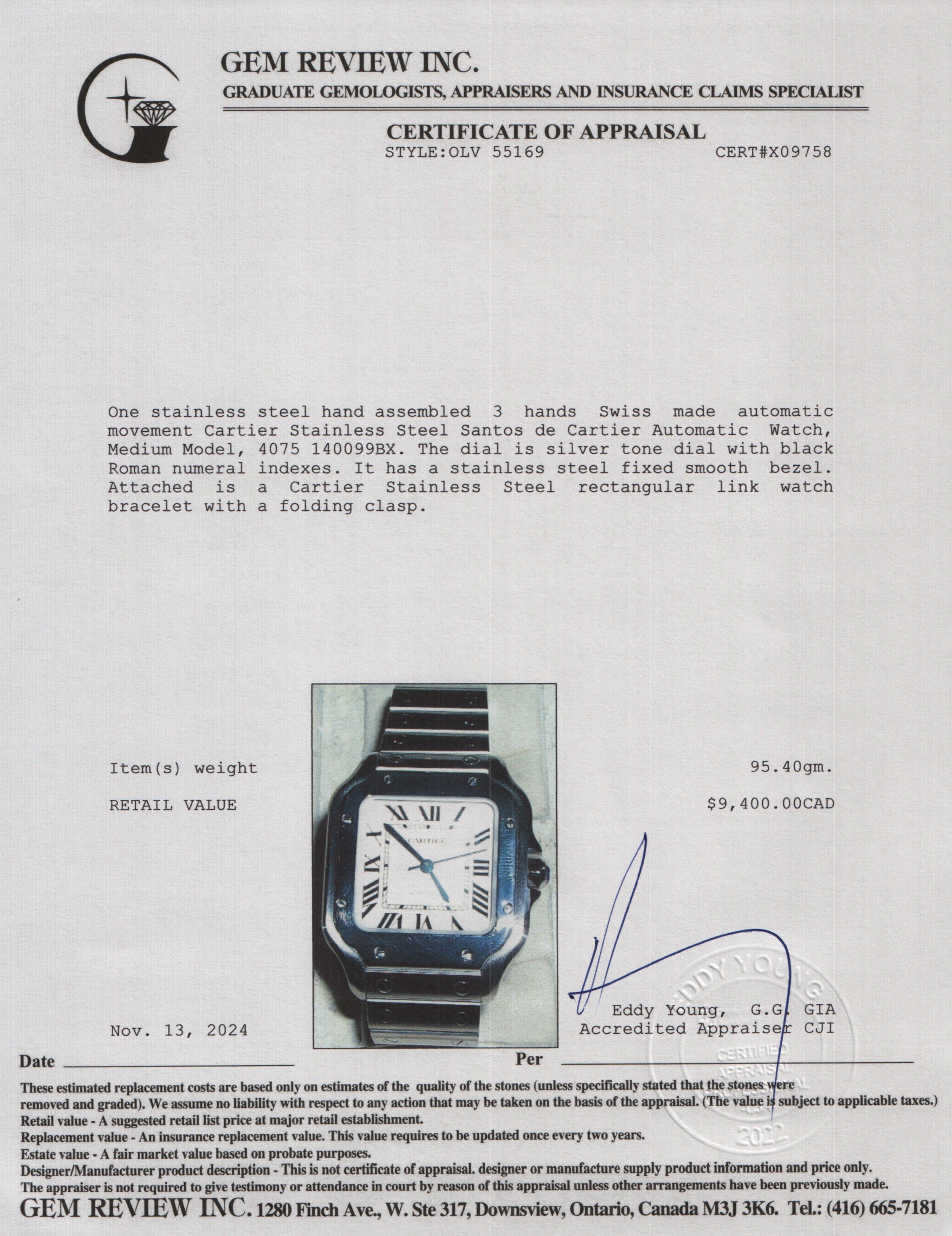 Cartier Stainless Steel Santos de Cartier Automatic Watch, Medium Model 4075 w/ Box & Papers