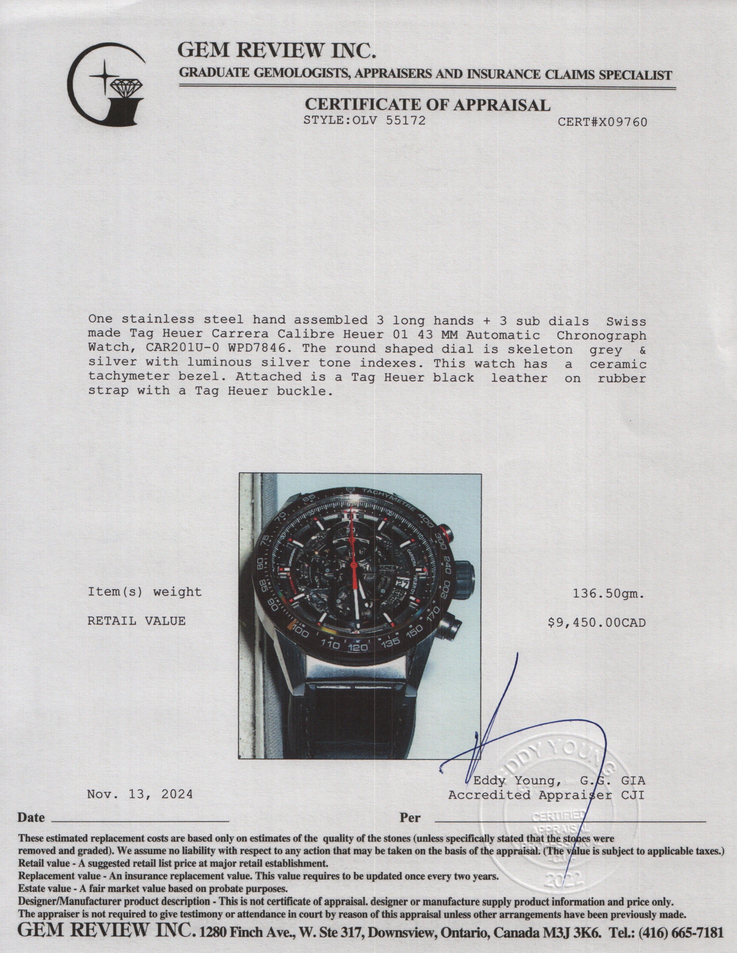 Tag Heuer Stainless Steel Carrera Calibre Heuer 01 43 MM Automatic Chronograph Watch CAR201U-0