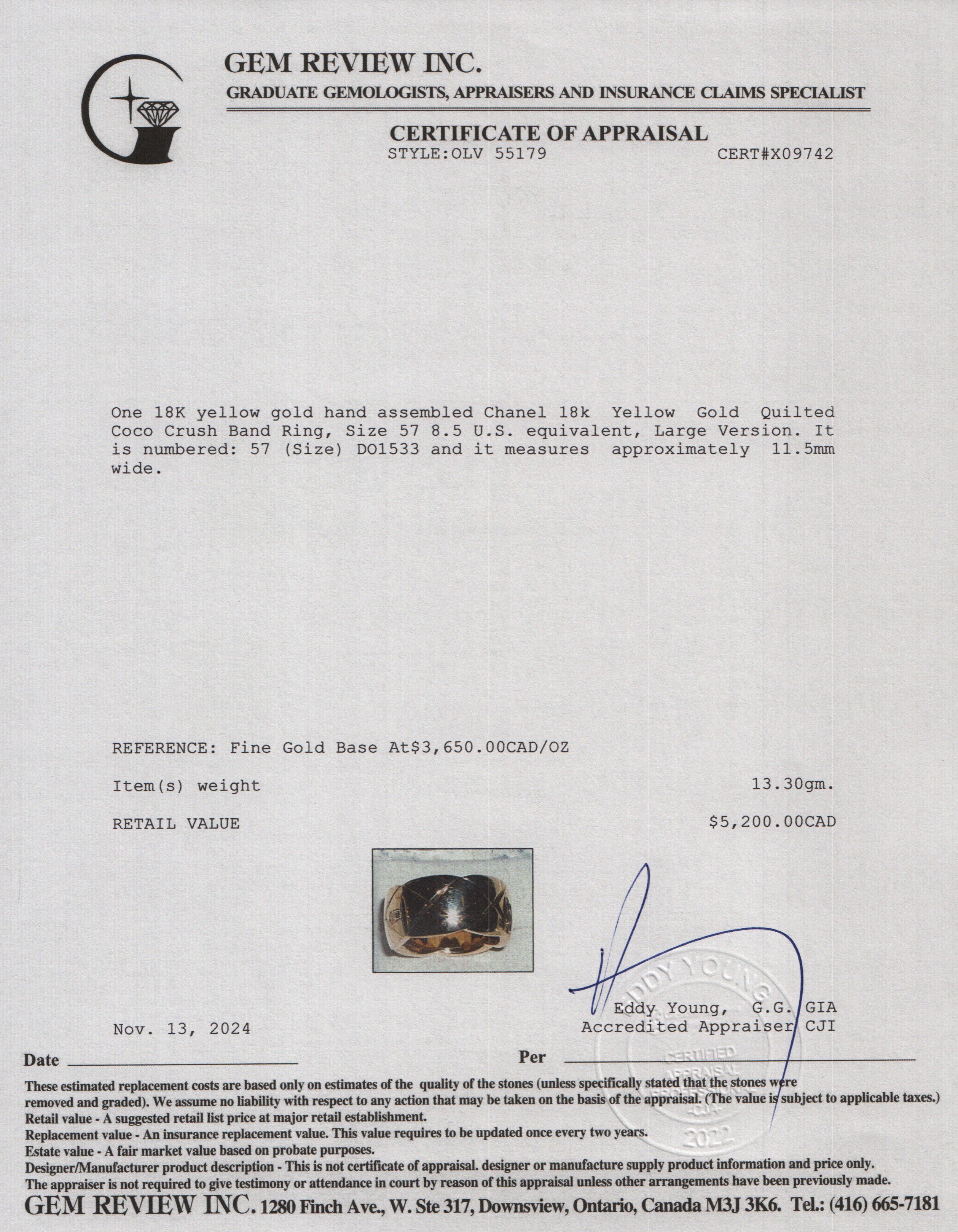 Chanel 18k Yellow Gold Quilted Coco Crush Band Ring, Size 57 8.5, Large Version w/ Box