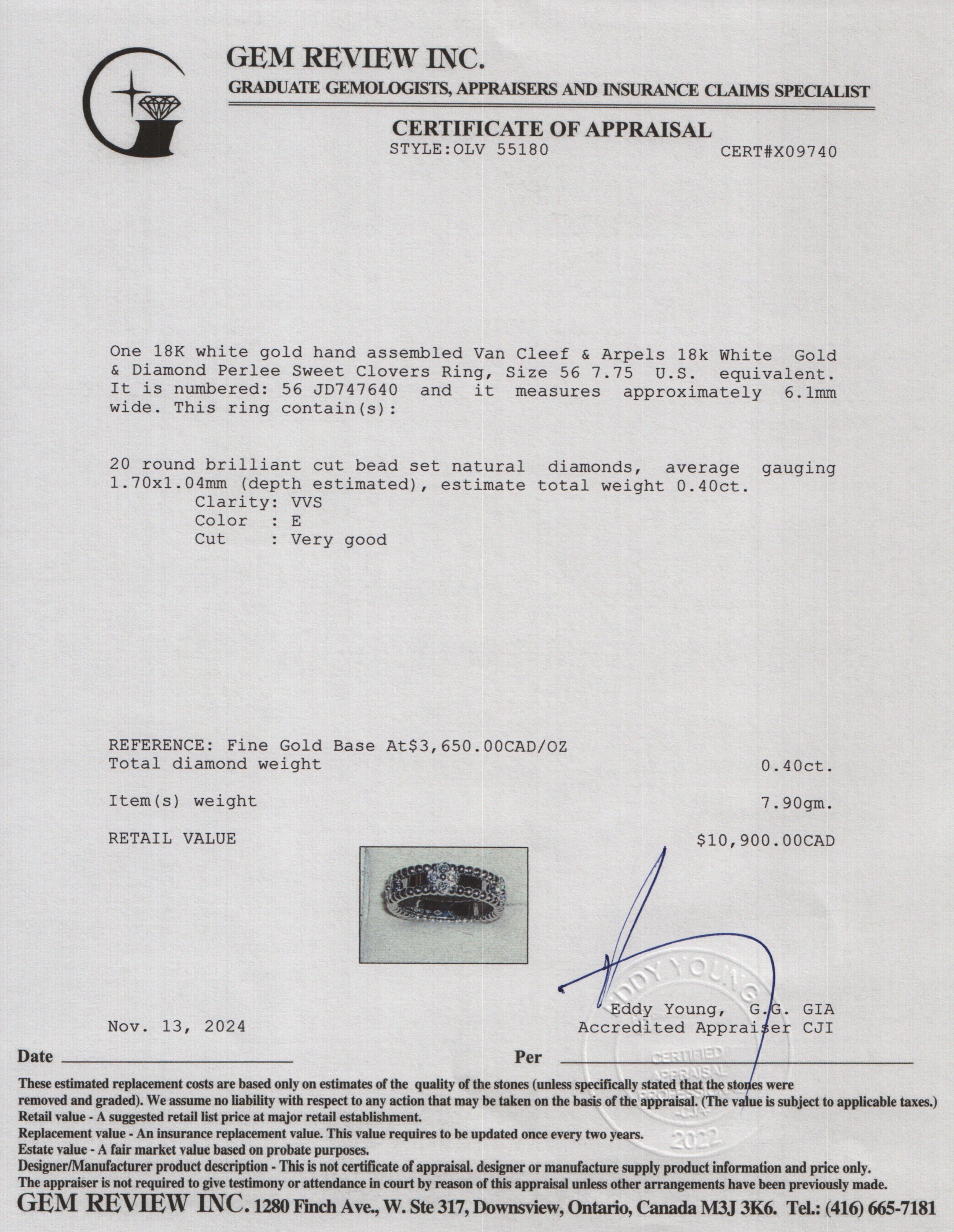 Van Cleef & Arpels 18k White Gold & Diamond Perlee Sweet Clovers Ring, Size 56 7.75