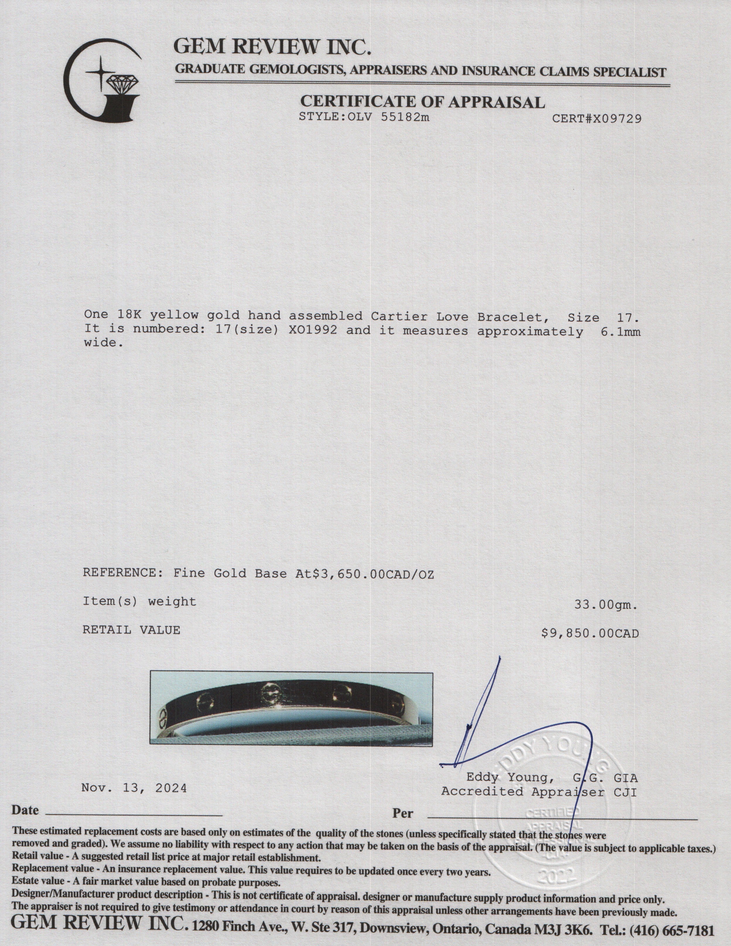 Cartier 18k Yellow Gold Love Bracelet, Size 17 w/ Box & Certificate