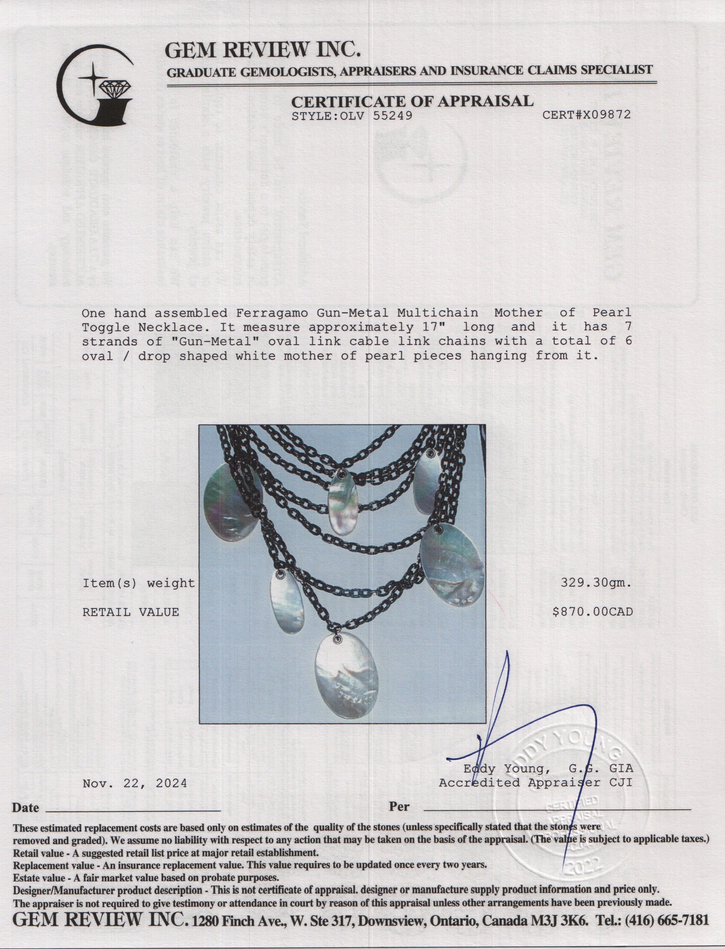 Ferragamo Gun-Metal Multichain Mother of Pearl Toggle Necklace