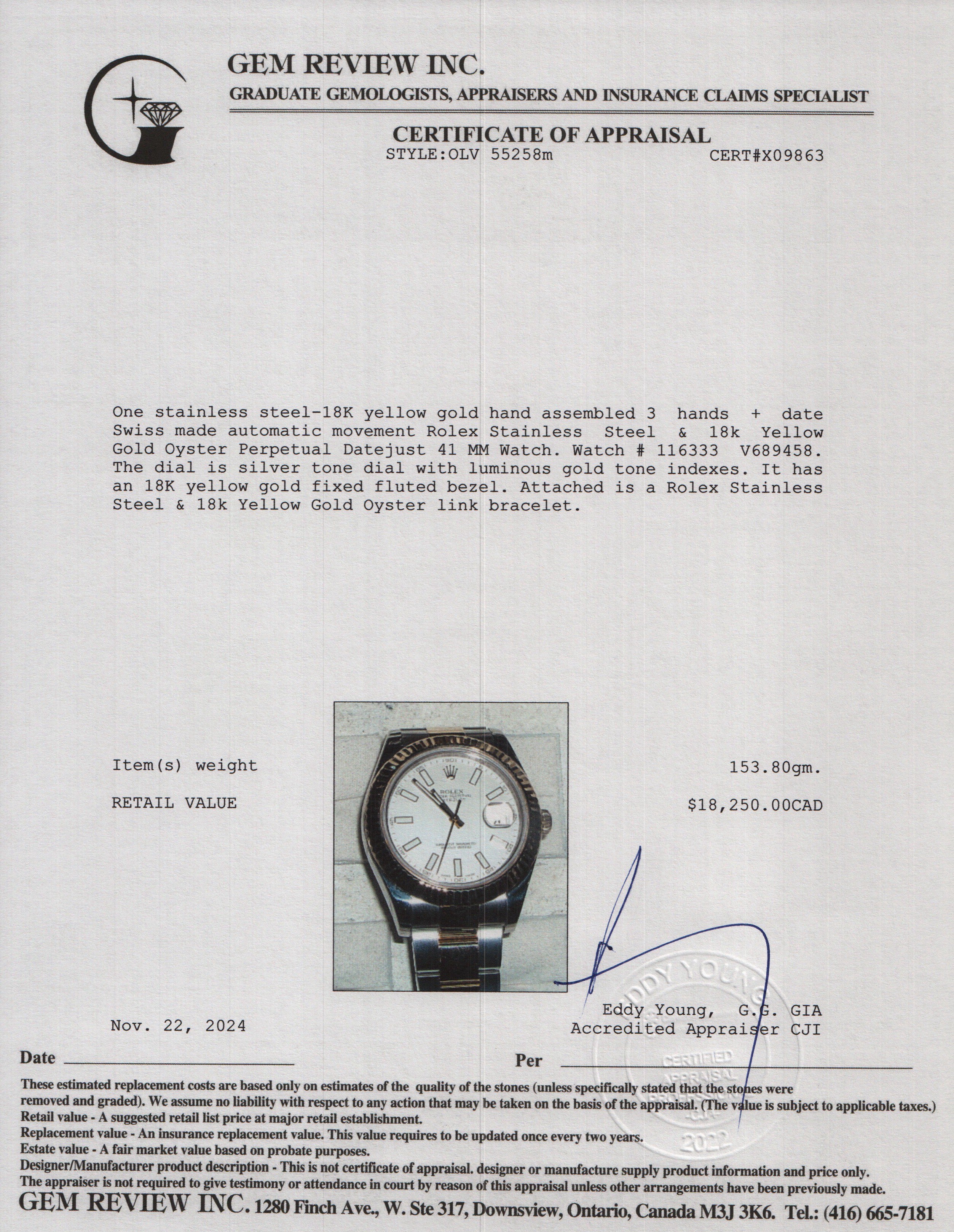 Rolex Stainless Steel & 18k Yellow Gold Oyster Perpetual Datejust 41 MM Watch 116333 w/ Box