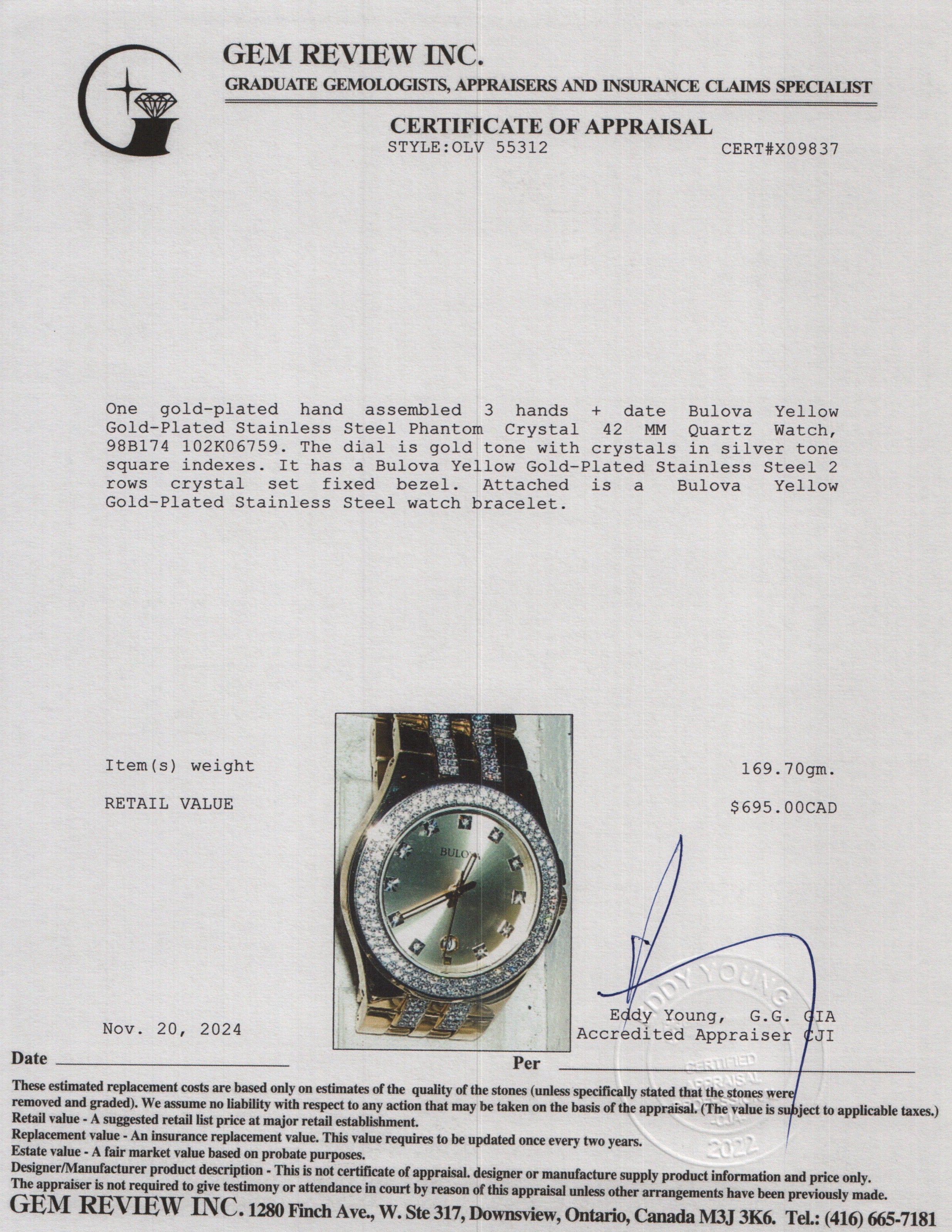 Bulova Yellow Gold-Plated Stainless Steel Phantom Crystal 42 MM Quartz Watch 98B174 w/ Box & Receipt