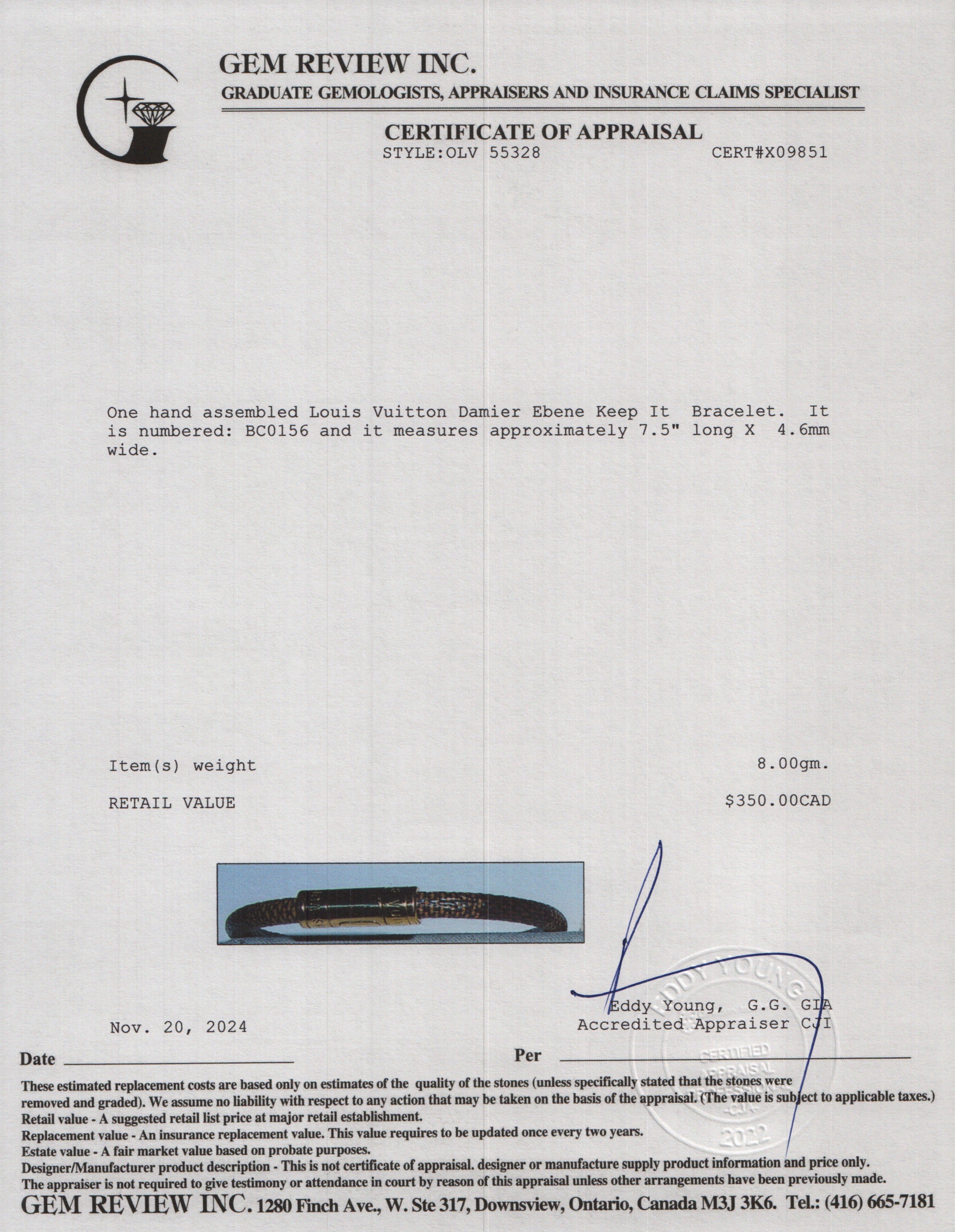 Louis Vuitton Damier Ebene Keep It Bracelet w/ Box