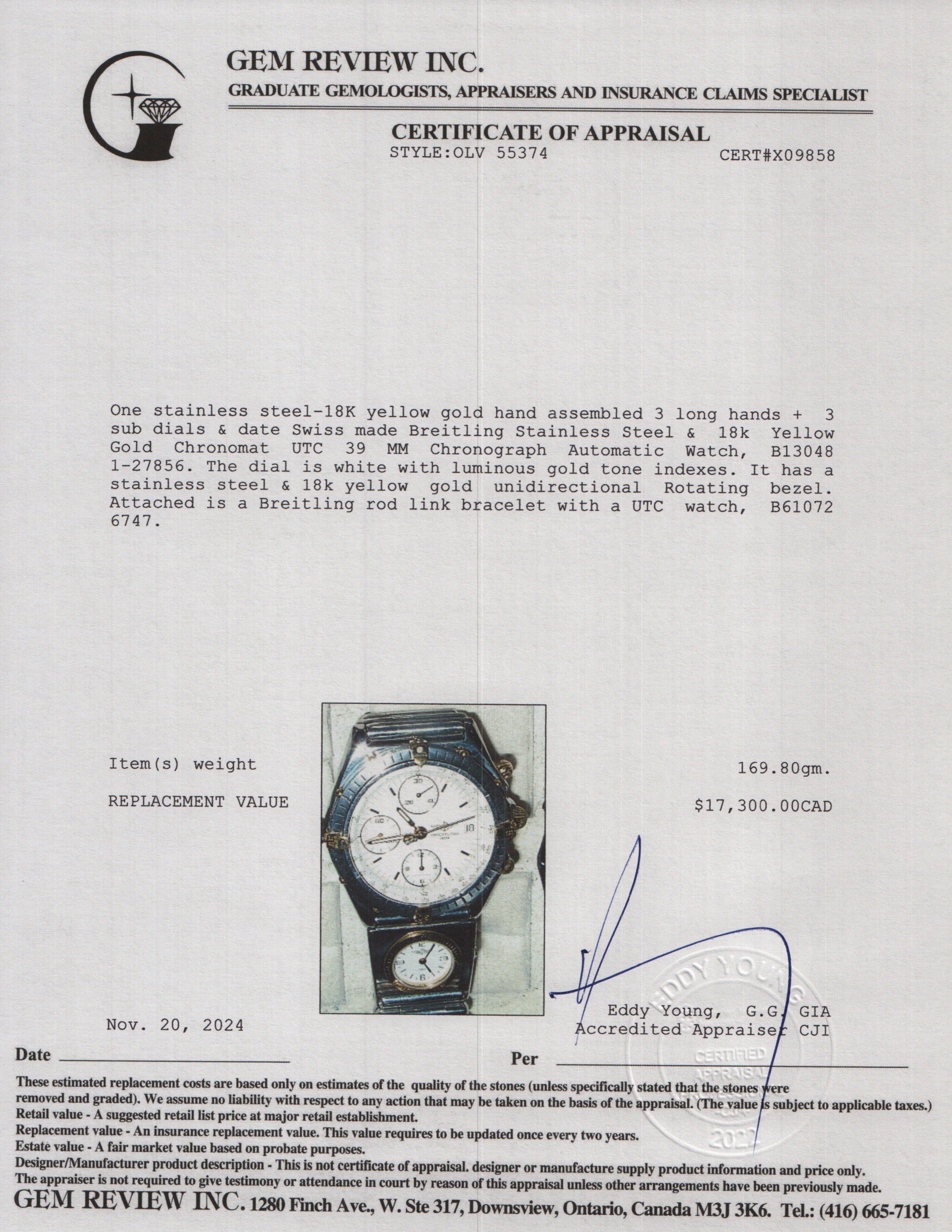 Breitling Stainless Steel & 18k Yellow Gold Chronomat UTC 39 MM Chronograph Automatic Watch w/ Box & Papers
